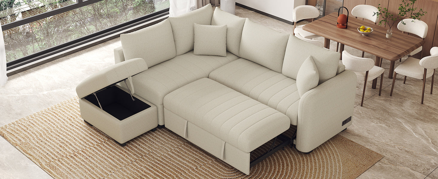 82.6" L Shaped Sectional Pull Out Sofa Bed Sleeper Sofa With Two Usb Ports, Two Power Sockets And A Movable Storage Ottoman, Beige Beige Foam Polyester