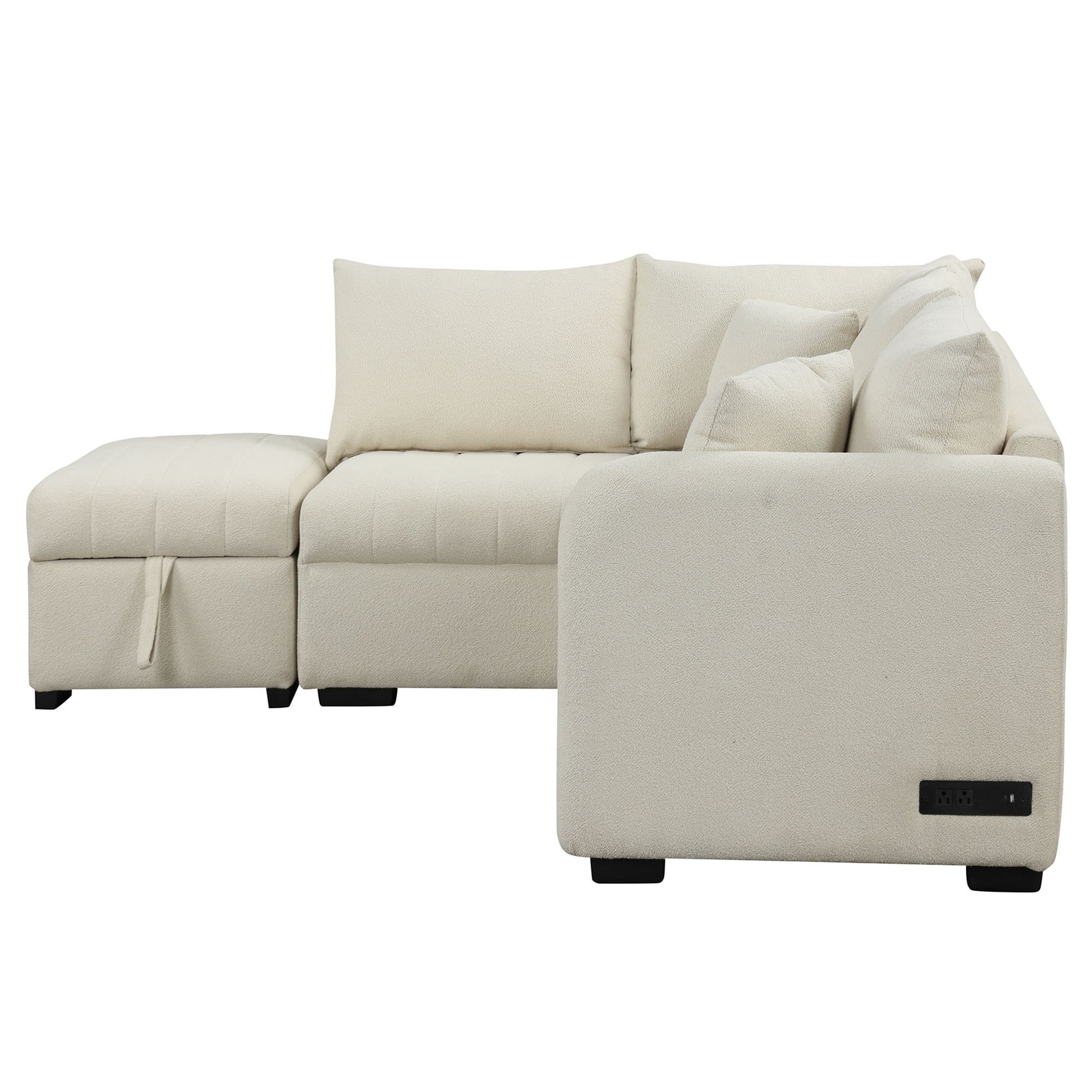 82.6" L Shaped Sectional Pull Out Sofa Bed Sleeper Sofa With Two Usb Ports, Two Power Sockets And A Movable Storage Ottoman, Beige Beige Foam Polyester