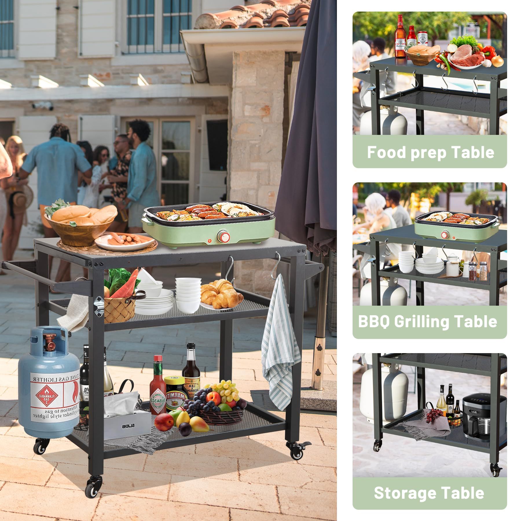 3 Shelf Outdoor Grill Table, Grill Cart Outdoor With Wheels, Pizza Oven And Food Prep Table, Blackstone Table With Stainless Steel Tabletop, Grill Stand For Blackstone Griddle For Outside Bbq Grey Stainless Steel