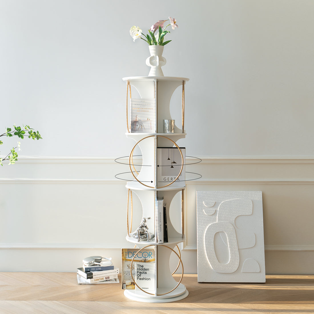 Display Shelf,4 Tier Floor Standing Organizer,Modern Style,360 Rotation,Stable And Solid,Holds Books And Displays,Suitable For Living Room And Bedroom 4 White White Corner Primary Living Space Open
