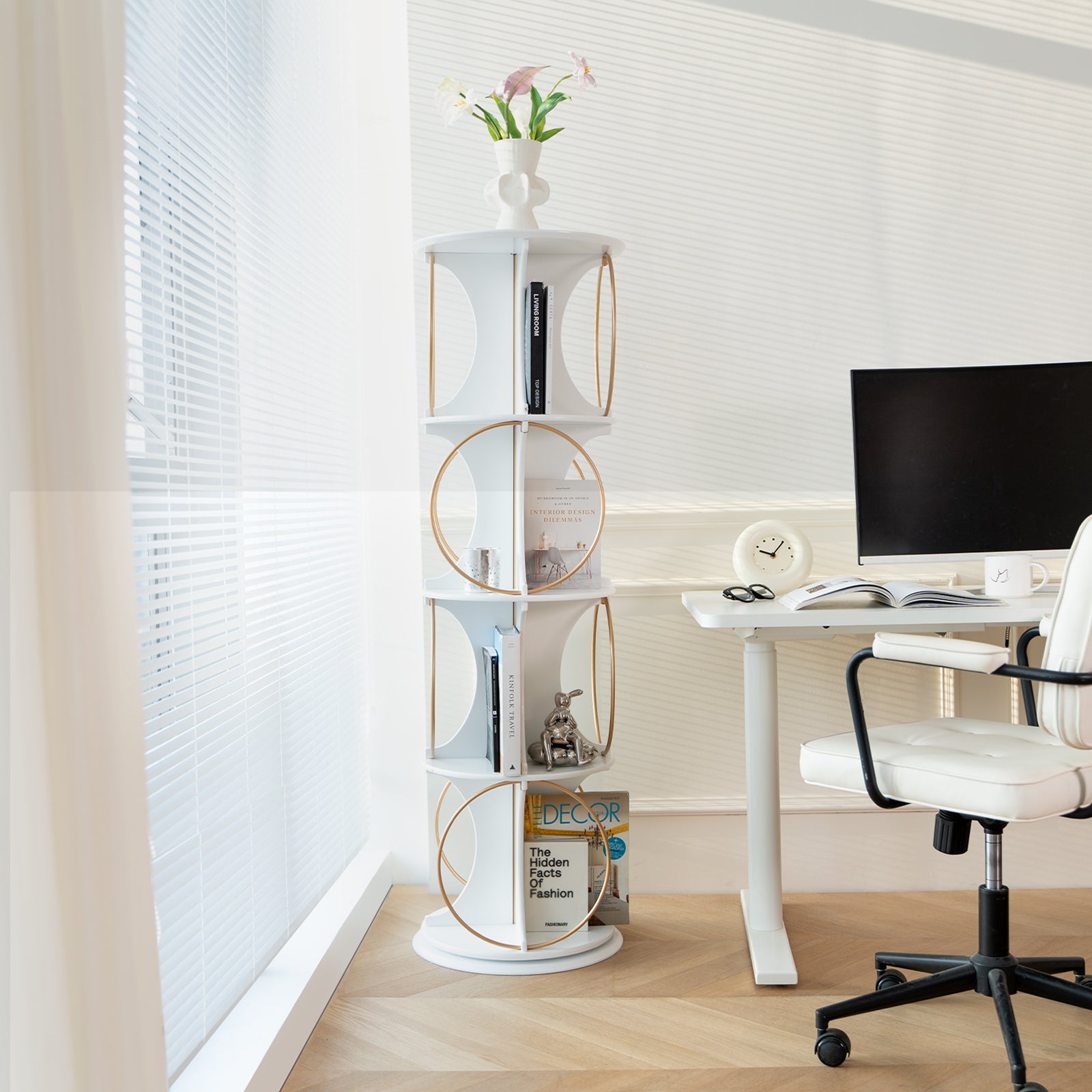 Display Shelf,4 Tier Floor Standing Organizer,Modern Style,360 Rotation,Stable And Solid,Holds Books And Displays,Suitable For Living Room And Bedroom 4 White White Corner Primary Living Space Open