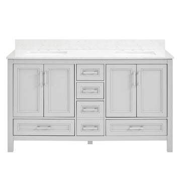 60 In Undermount Double Sinks Bathroom Storage Cabinet With Engineered Carrara Marble Top 4 Light Gray 4 Soft Close Doors Bathroom Freestanding Mdf Painted