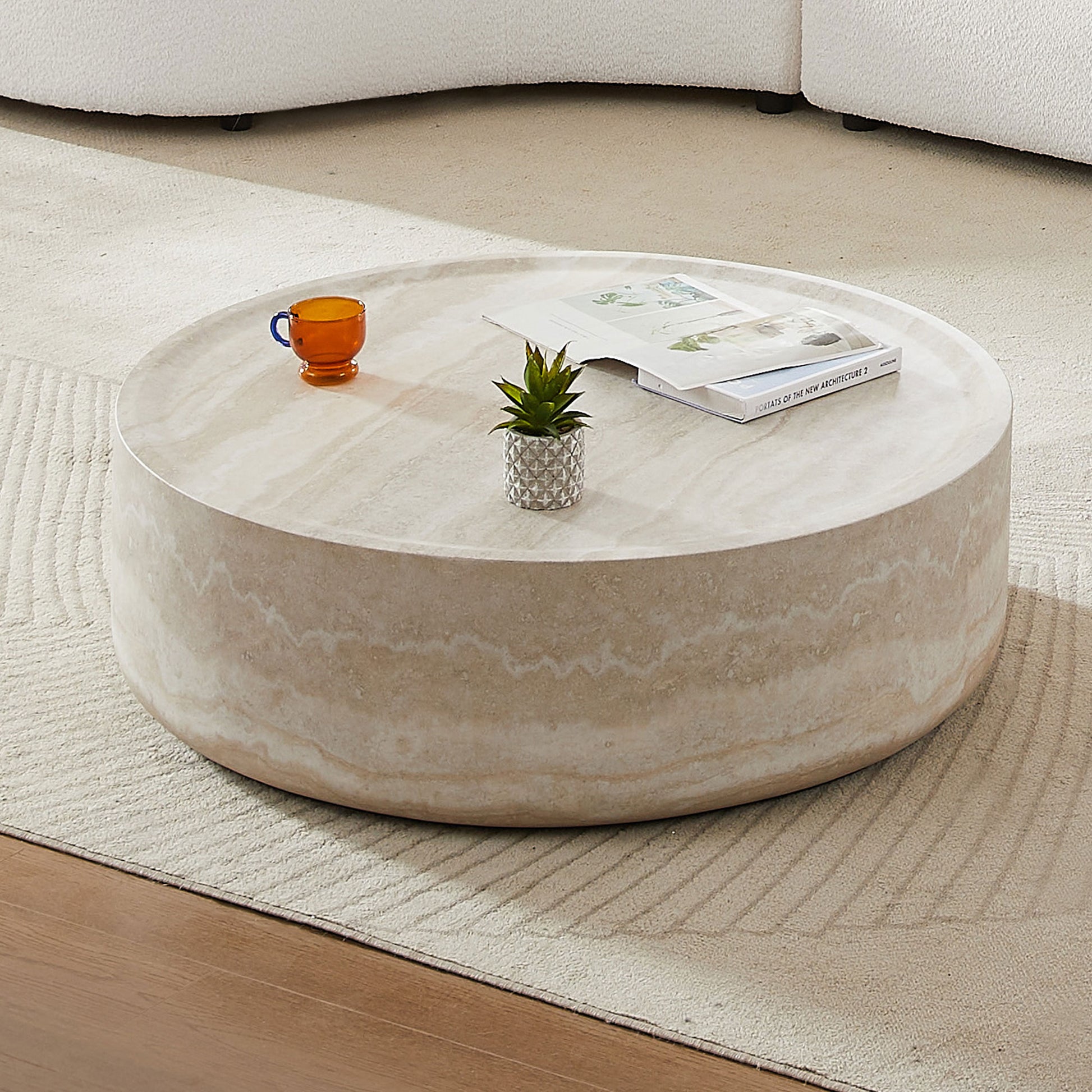 35.43'' Faux Mars Pattern Coffee Tables For Living Room Round Tea Faux Travertine Textured Table For Living Room, No Need Assembly. Marble Fiberglass