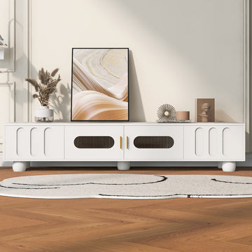 Modern Tv Stand For Tvs Up To 80 Inches, Entertainment Center With Glass Door, 2 Drawers And Cabinets, Wood Tv Storage Cabinet With Solid Wood Legs And Metal Handles For Living Room White Mdf