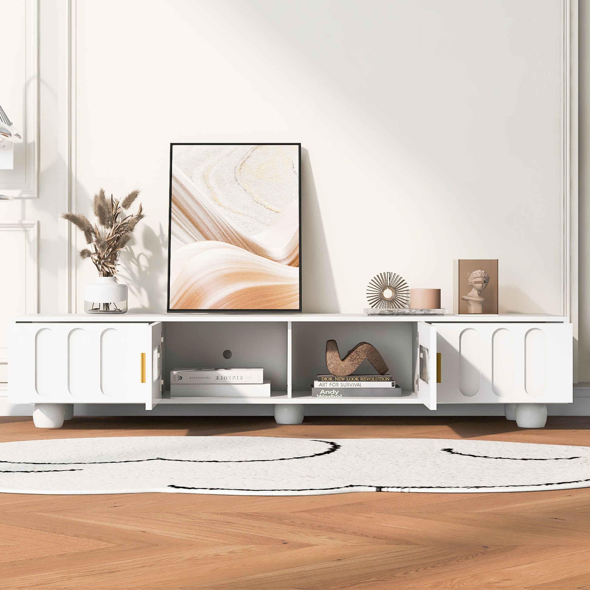 Modern Tv Stand For Tvs Up To 80 Inches, Entertainment Center With Glass Door, 2 Drawers And Cabinets, Wood Tv Storage Cabinet With Solid Wood Legs And Metal Handles For Living Room White Mdf