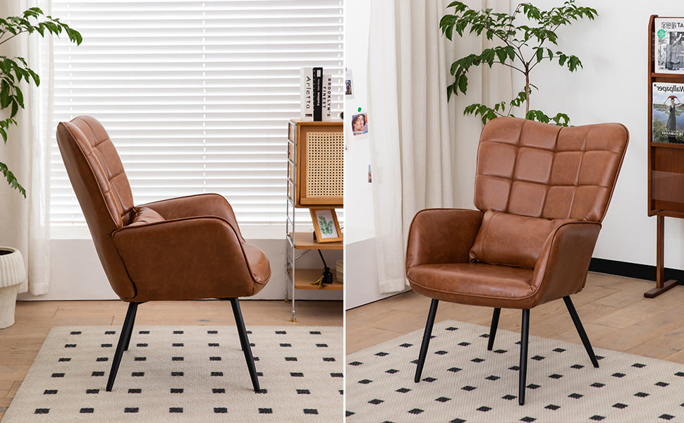Bonded Leather Armchair, Modern Accent Chair High Back, Living Room Chairs With Metal Legs And Soft Padded, Sofa Chairs For Home Office,Bedroom,Dining Room Brown 1Pc Brown Bonded Leather