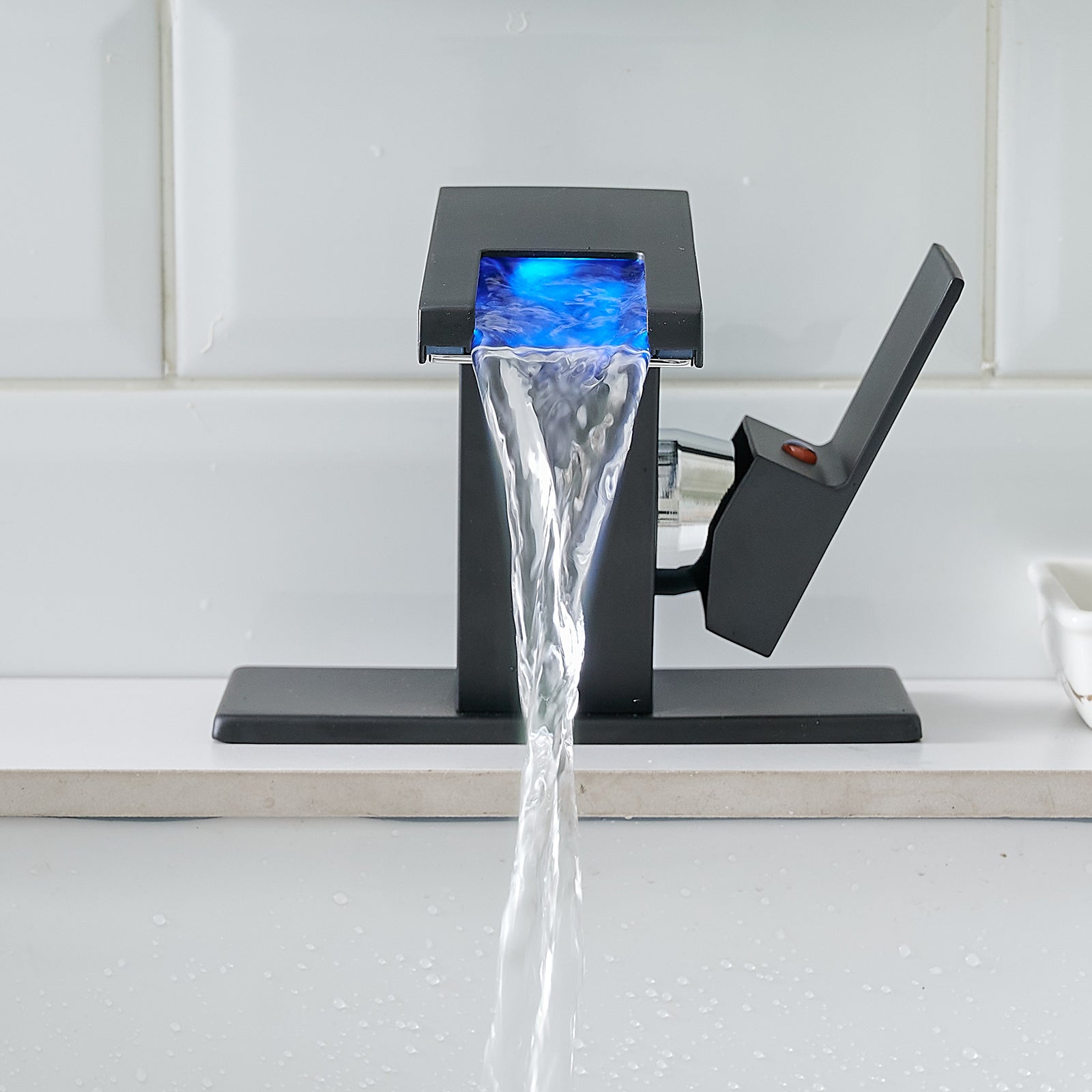 Bathroom Sink Faucet Led Light 3 Colors Changing Waterfall Glass Spout Hot Cold Water Mixer Single Handle One Hole Deck Mounted Bathroom Faucet Black Lavatory Vanity Basin Bath Plumbing Fixtures