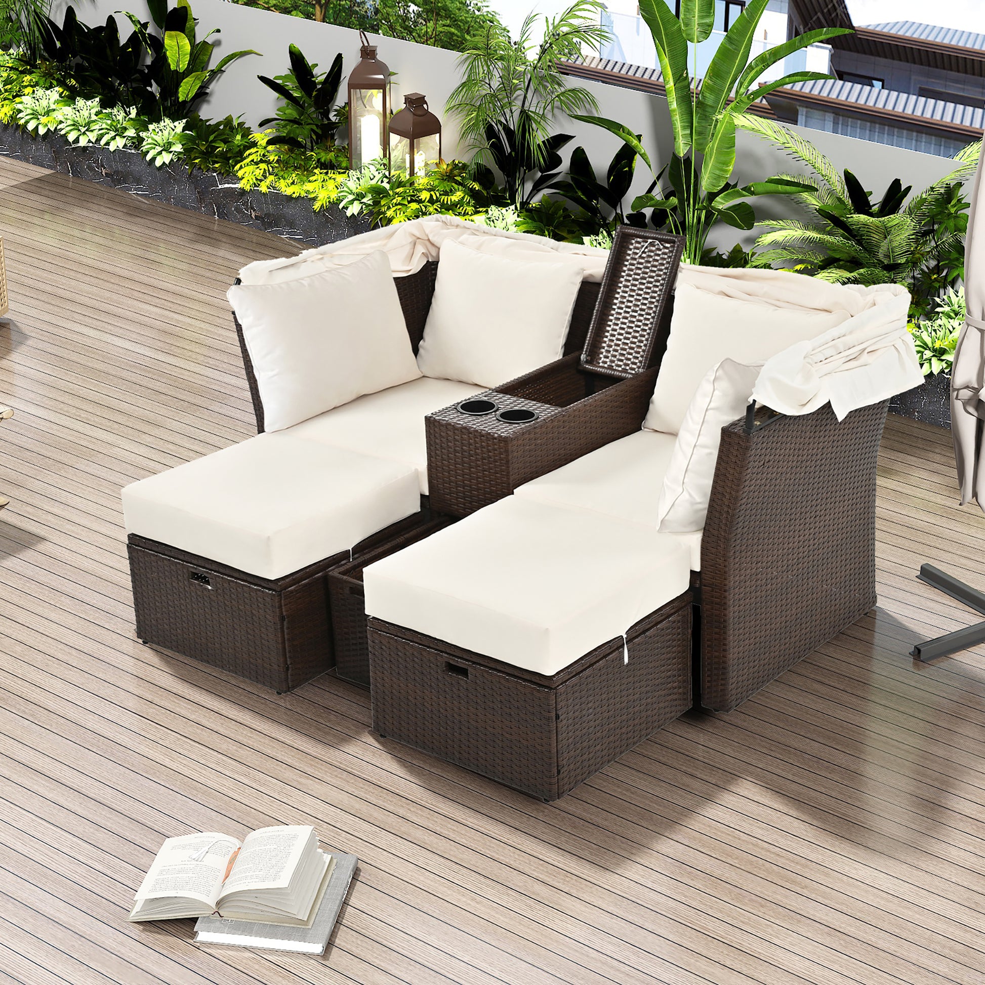 2 Seater Outdoor Patio Daybed Outdoor Double Daybed Outdoor Loveseat Sofa Set With Foldable Awning And Cushions For Garden, Balcony, Poolside, Beige Yes Beige Water Resistant Frame Water Resistant Cushion Garden & Outdoor Sectional Seating Groups Foam
