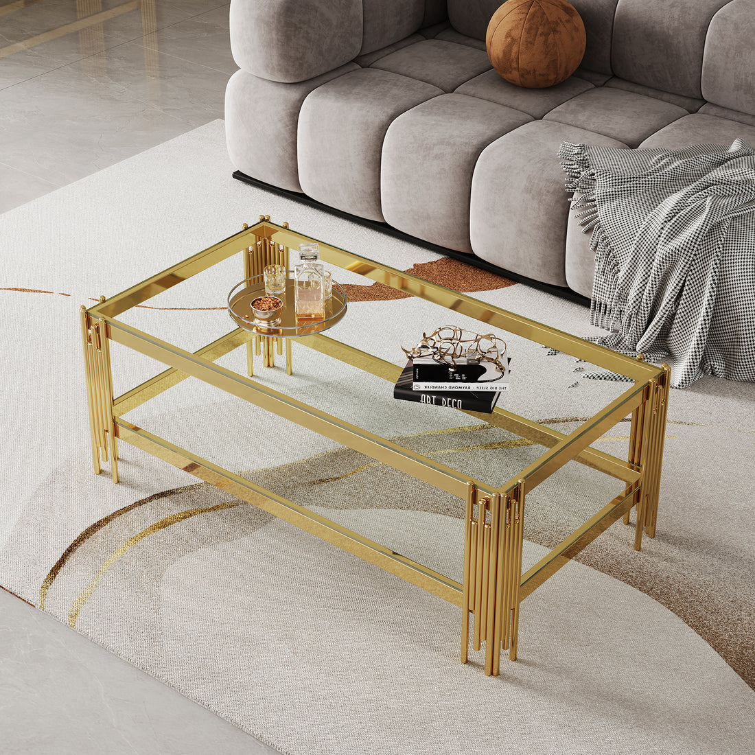 Top And Bottom Double Layer Tempered Glass Coffee Table And Mirror Finished Stainless Steel Frame Gold Tempered Glass
