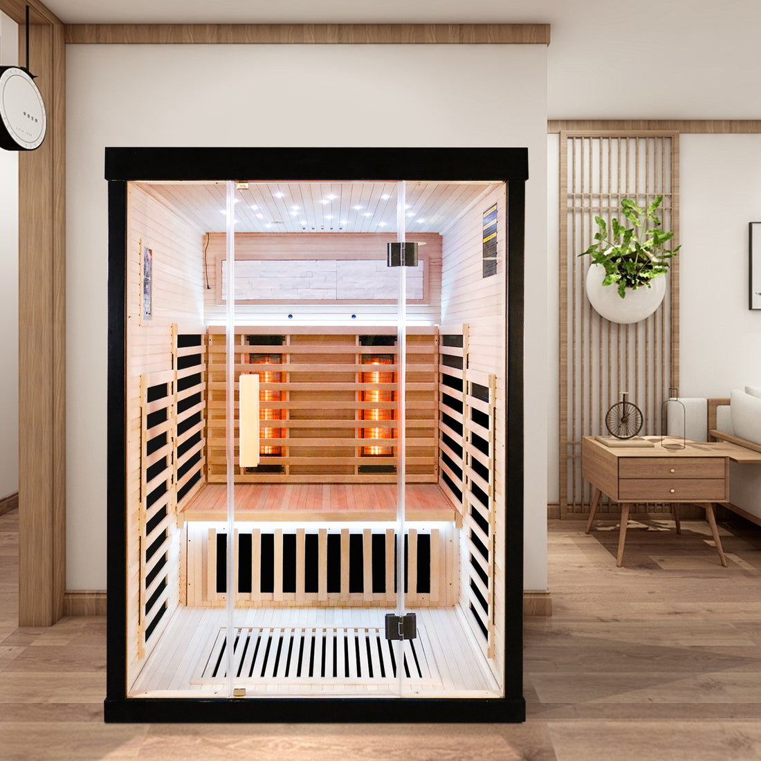 Luxury Double Sauna Room Black Natural Wood Paper Glass