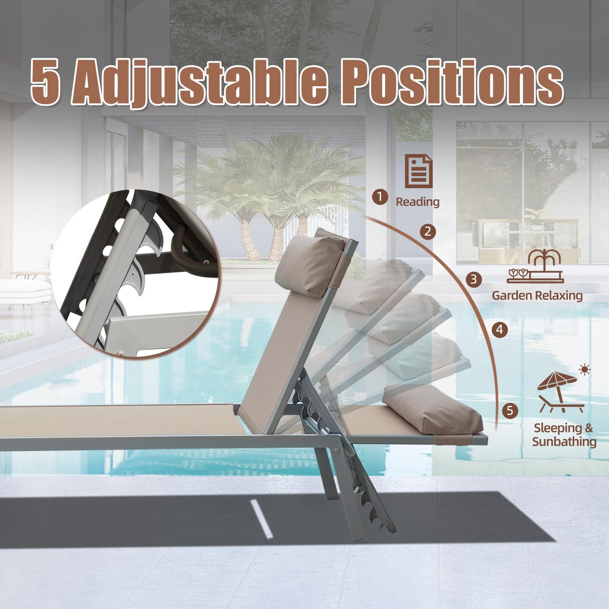 Patio Chaise Lounge Set Of 3, Aluminum Pool Lounge Chairs With Side Table, Outdoor Adjustable Recliner All Weather For Poolside, Beach, Yard, Balcony Khaki Khaki Aluminum