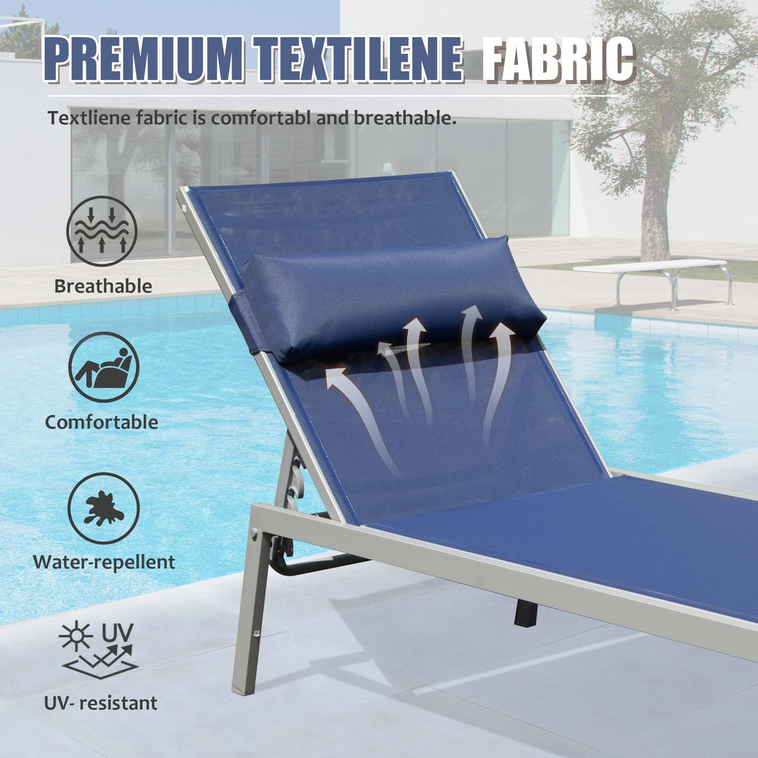 Patio Chaise Lounge Set Of 3, Aluminum Pool Lounge Chairs With Side Table, Outdoor Adjustable Recliner All Weather For Poolside, Beach, Yard, Balcony Navy Blue Navy Blue Aluminum