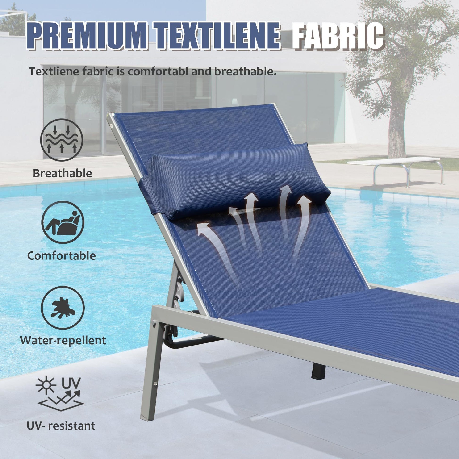Patio Chaise Lounge Set Of 3, Aluminum Pool Lounge Chairs With Side Table, Outdoor Adjustable Recliner All Weather For Poolside, Beach, Yard, Balcony Navy Blue Navy Blue Aluminum
