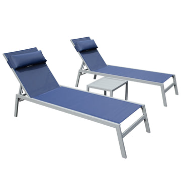 Patio Chaise Lounge Set Of 3, Aluminum Pool Lounge Chairs With Side Table, Outdoor Adjustable Recliner All Weather For Poolside, Beach, Yard, Balcony Navy Blue Navy Blue Aluminum