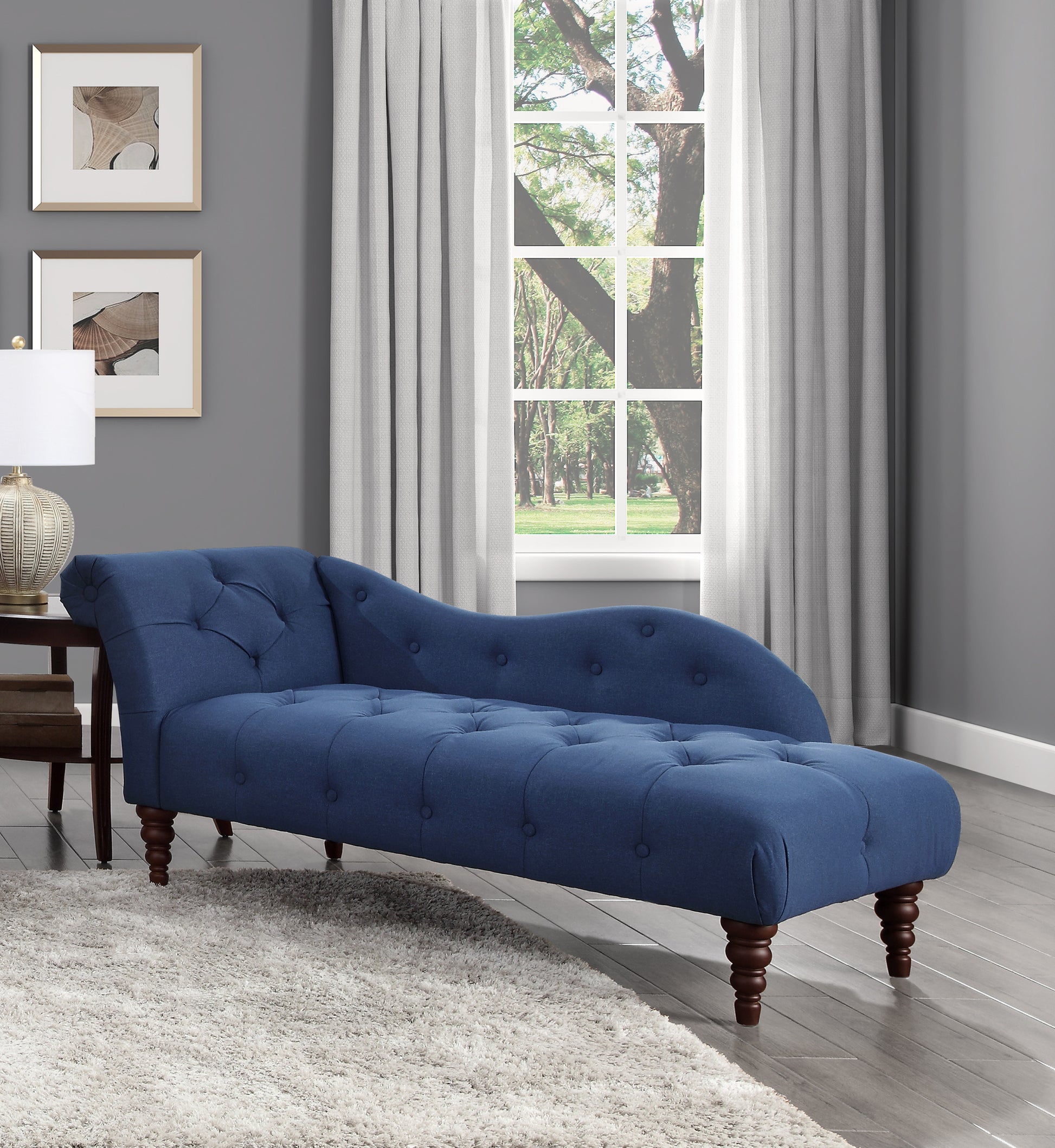 1Pc Modern Traditional Chaise Button Tufted Detail Blue Upholstery Style Comfort Living Room Furniture Espresso Finish Legs Blue Primary Living Space Modern,Traditional Solid Wood