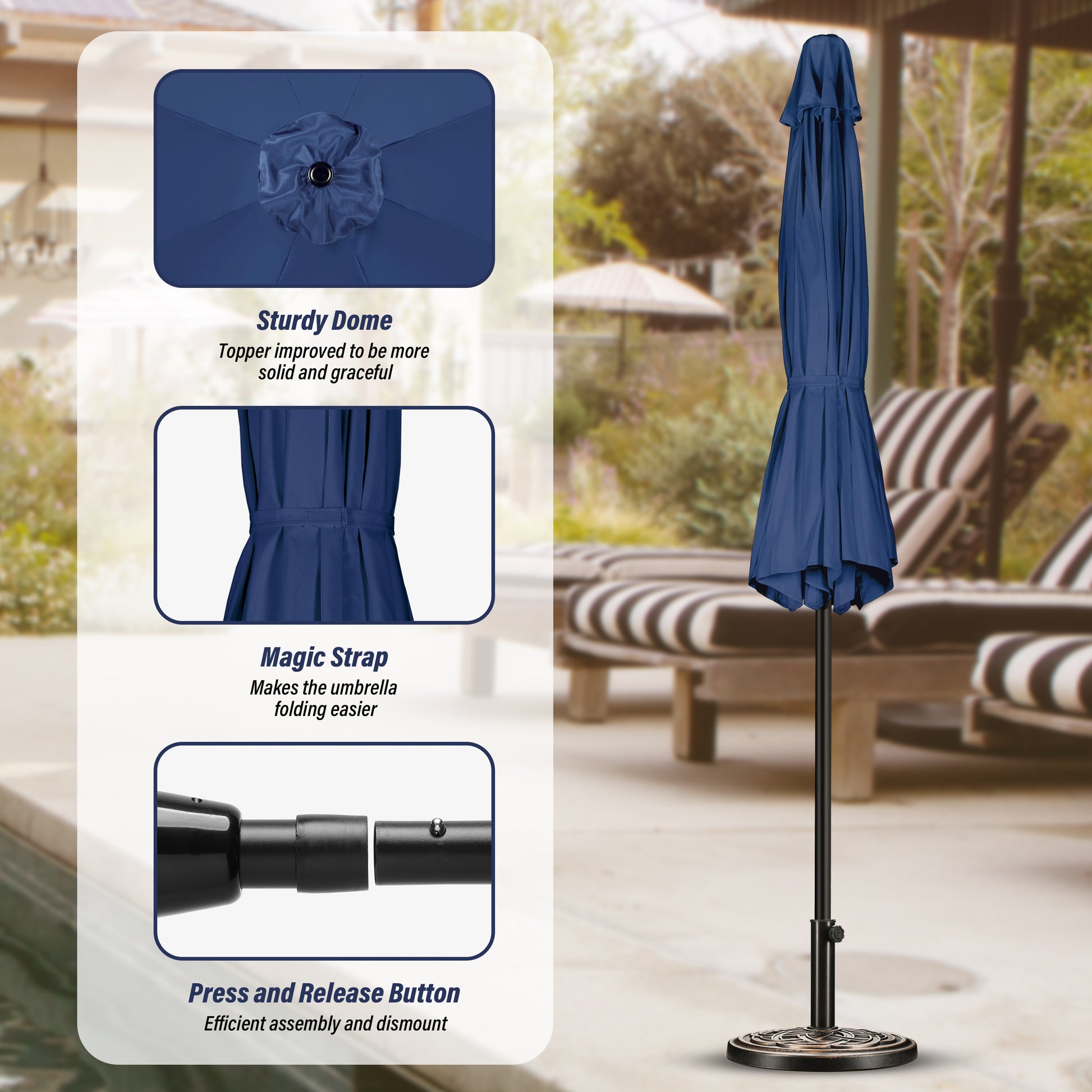 10' Patio Umbrella Outdoor Table Market Yard Umbrella With Push Button Tilt Crank Dark Blue Stainless Steel