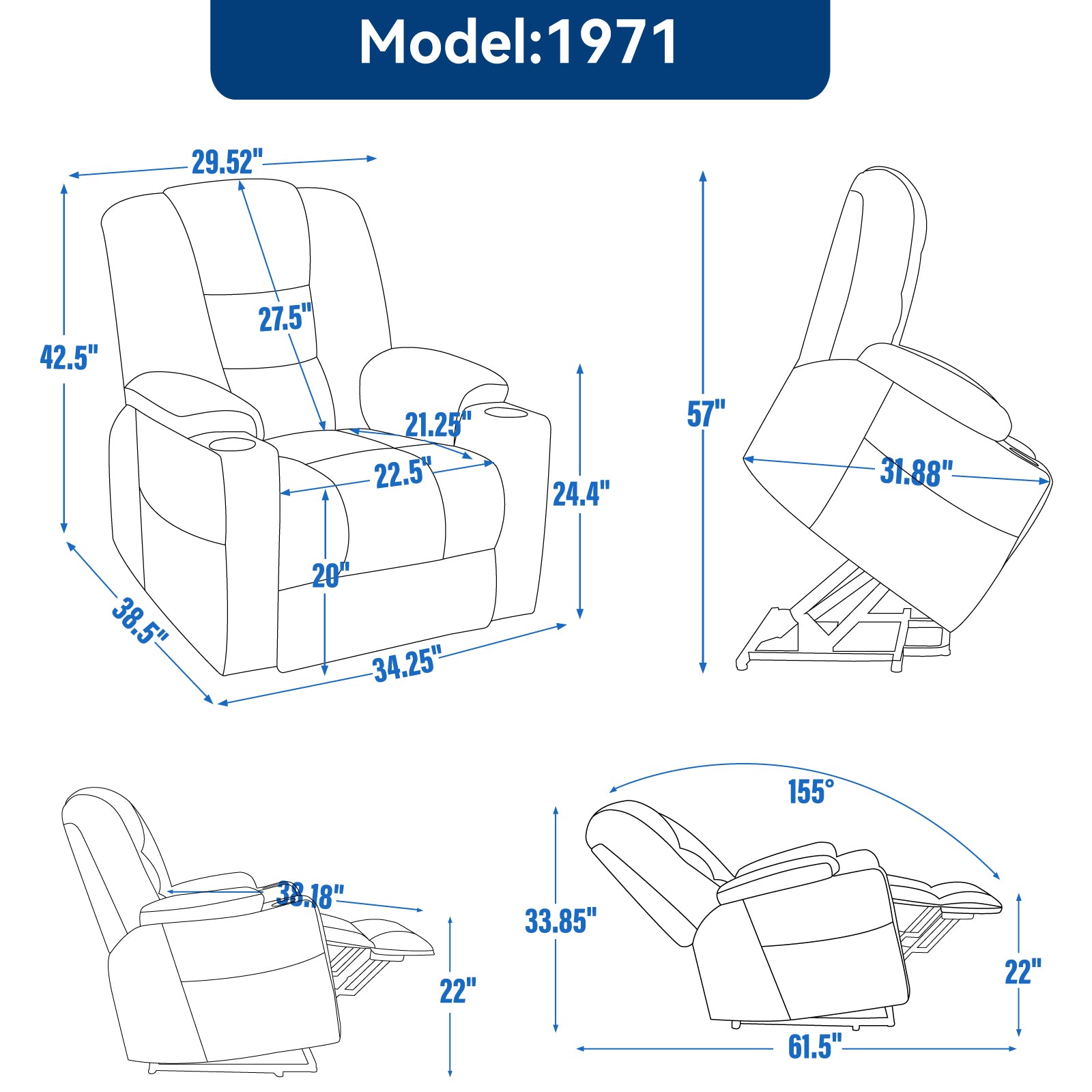 Emon'S Large Power Lift Recliner Chair With Massage And Heat For Elderly, Overstuffed Wide Recliners, Heavy Duty Motion Mechanism With Usb And Type C Ports, 2 Steel Cup Holders, Gray White Metal Primary Living Space Heavy Duty Pine Grey Chenille Power