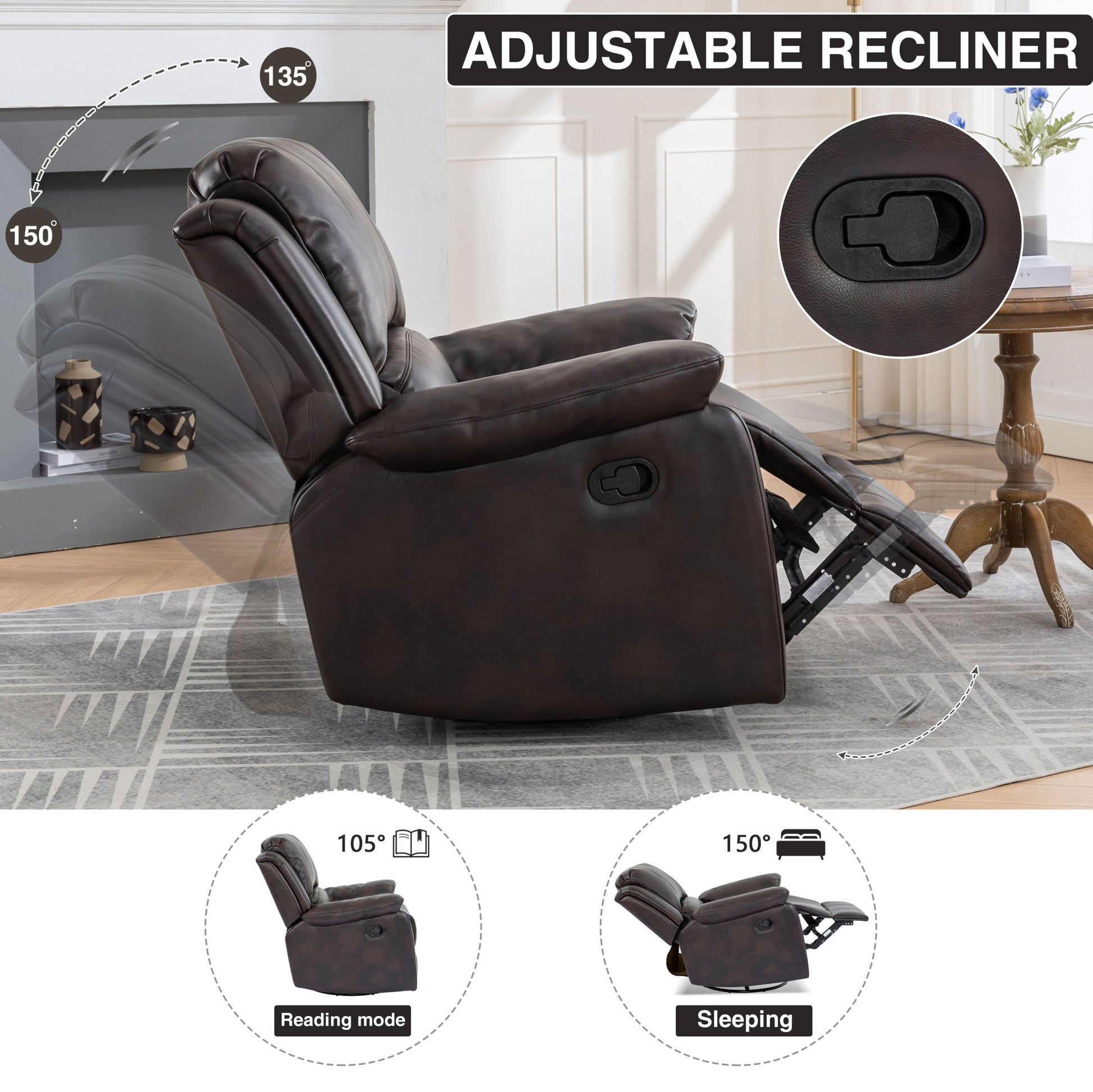 Swivel And Glider Recliner Chair, Brown Brown Faux Leather Manual Push Button Wood Primary Living Space Soft American Traditional Push Button Metal & Wood