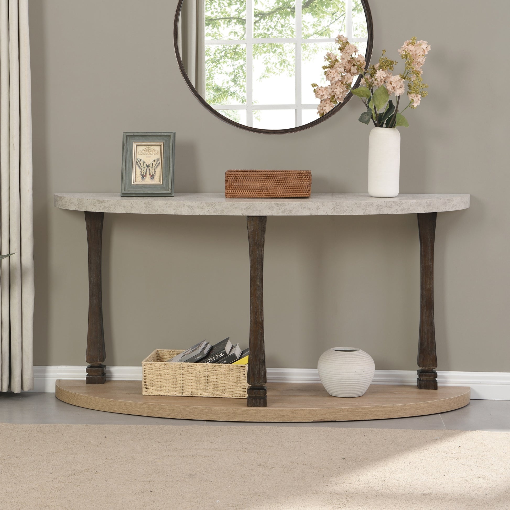 60 Inch Long Semi Circle Demilune Sofa Table For Small Hallway Entryway Space, Wooden Half Moon Sturdy Console Tables, Grey&Natural Colour Light Grey Natural Primary Living Space Antique,Mid Century Modern,Modern Semicircular Console Tables Solid Wood