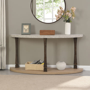 60 Inch Long Semi Circle Demilune Sofa Table For Small Hallway Entryway Space, Wooden Half Moon Sturdy Console Tables, Grey&Natural Colour Light Grey Natural Primary Living Space Antique,Mid Century Modern,Modern Semicircular Console Tables Solid Wood