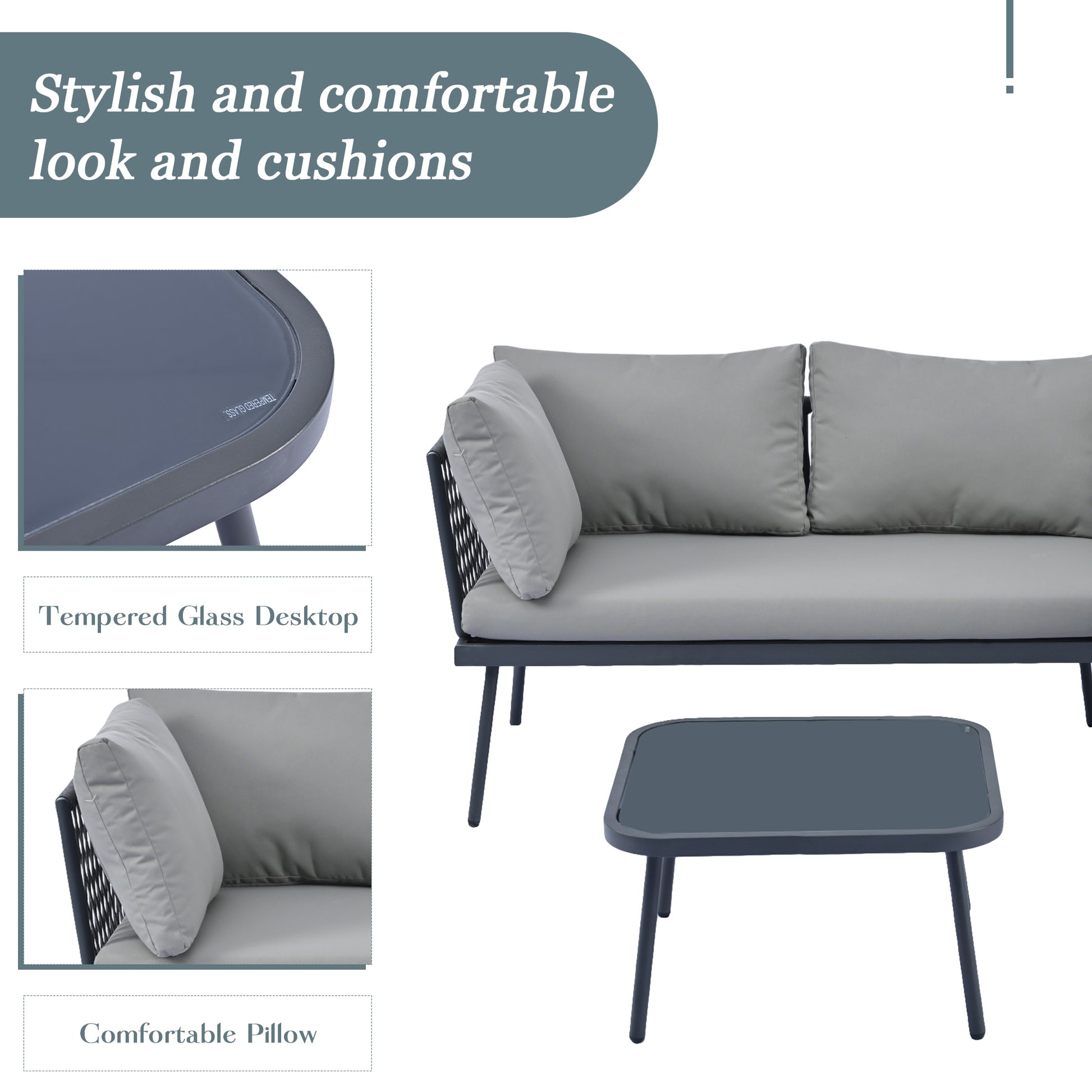 Modern Outdoor 3 Piece Pe Rattan Sofa Set All Weather Patio Metal Sectional Furniture Set With Cushions And Glass Table For Backyard, Poolside, Garden, Gray,L Shaped Yes Sectional Gray Seats 4 Weather Resistant Frame Water Resistant Cushion Garden &