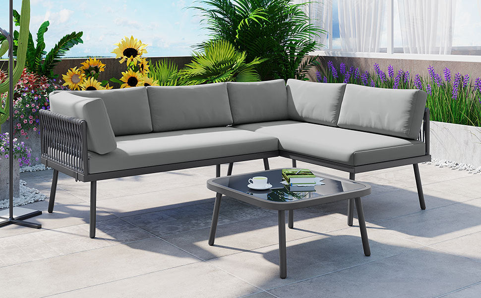 Modern Outdoor 3 Piece Pe Rattan Sofa Set All Weather Patio Metal Sectional Furniture Set With Cushions And Glass Table For Backyard, Poolside, Garden, Gray,L Shaped Yes Sectional Gray Seats 4 Weather Resistant Frame Water Resistant Cushion Garden &