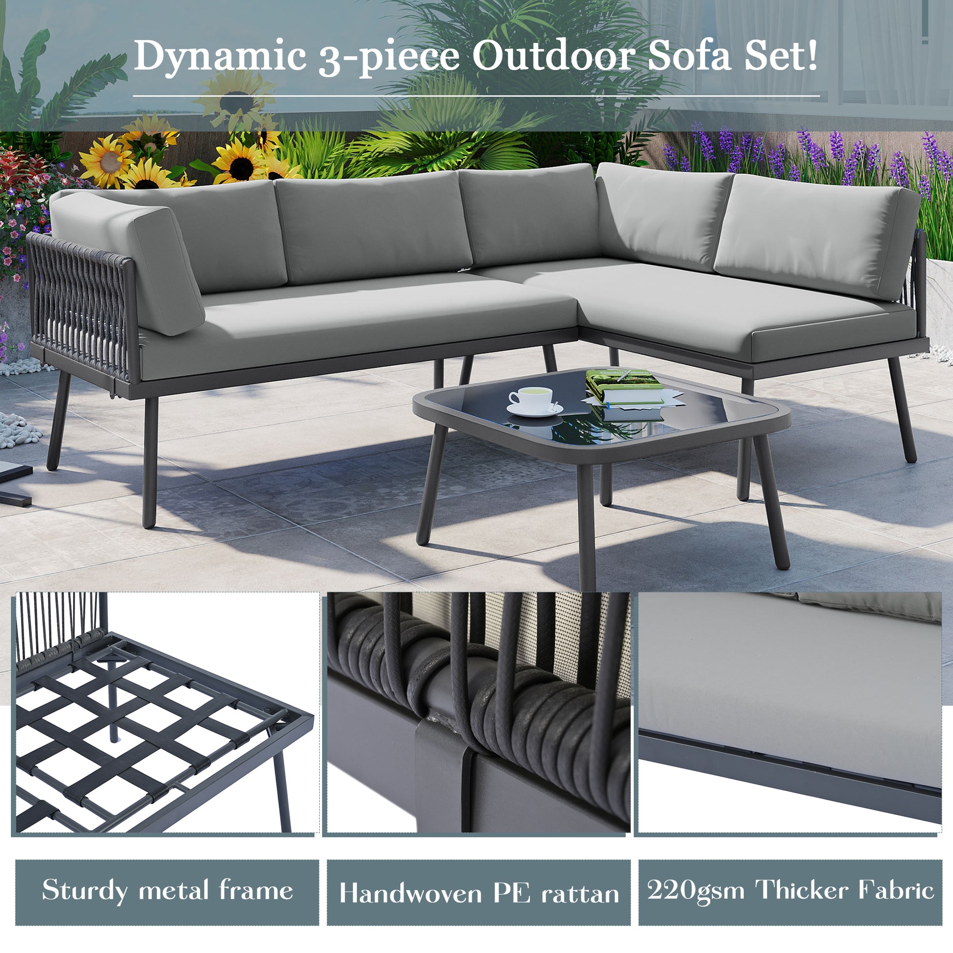 Modern Outdoor 3 Piece Pe Rattan Sofa Set All Weather Patio Metal Sectional Furniture Set With Cushions And Glass Table For Backyard, Poolside, Garden, Gray,L Shaped Yes Sectional Gray Seats 4 Weather Resistant Frame Water Resistant Cushion Garden &