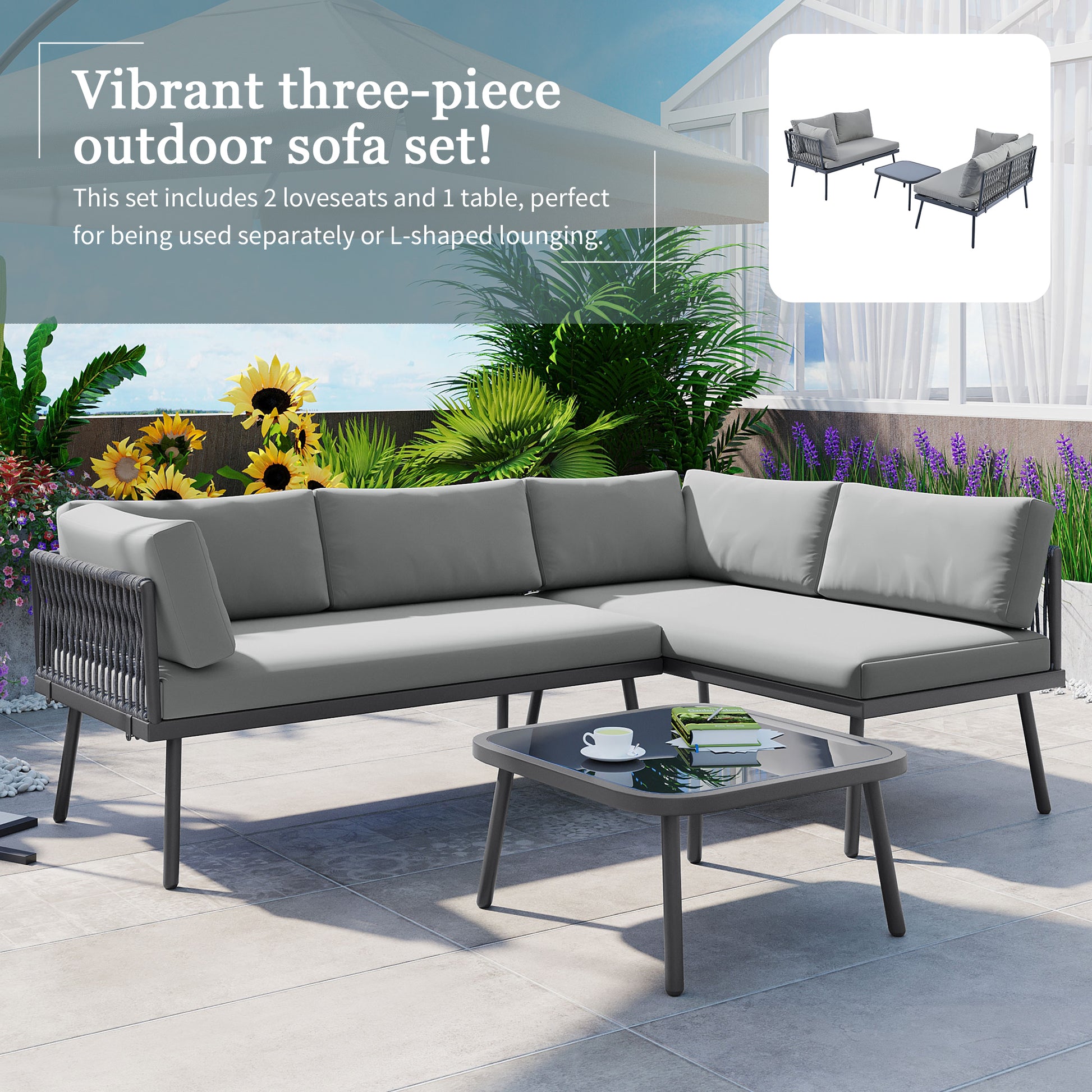 Modern Outdoor 3 Piece Pe Rattan Sofa Set All Weather Patio Metal Sectional Furniture Set With Cushions And Glass Table For Backyard, Poolside, Garden, Gray,L Shaped Yes Sectional Gray Seats 4 Weather Resistant Frame Water Resistant Cushion Garden &