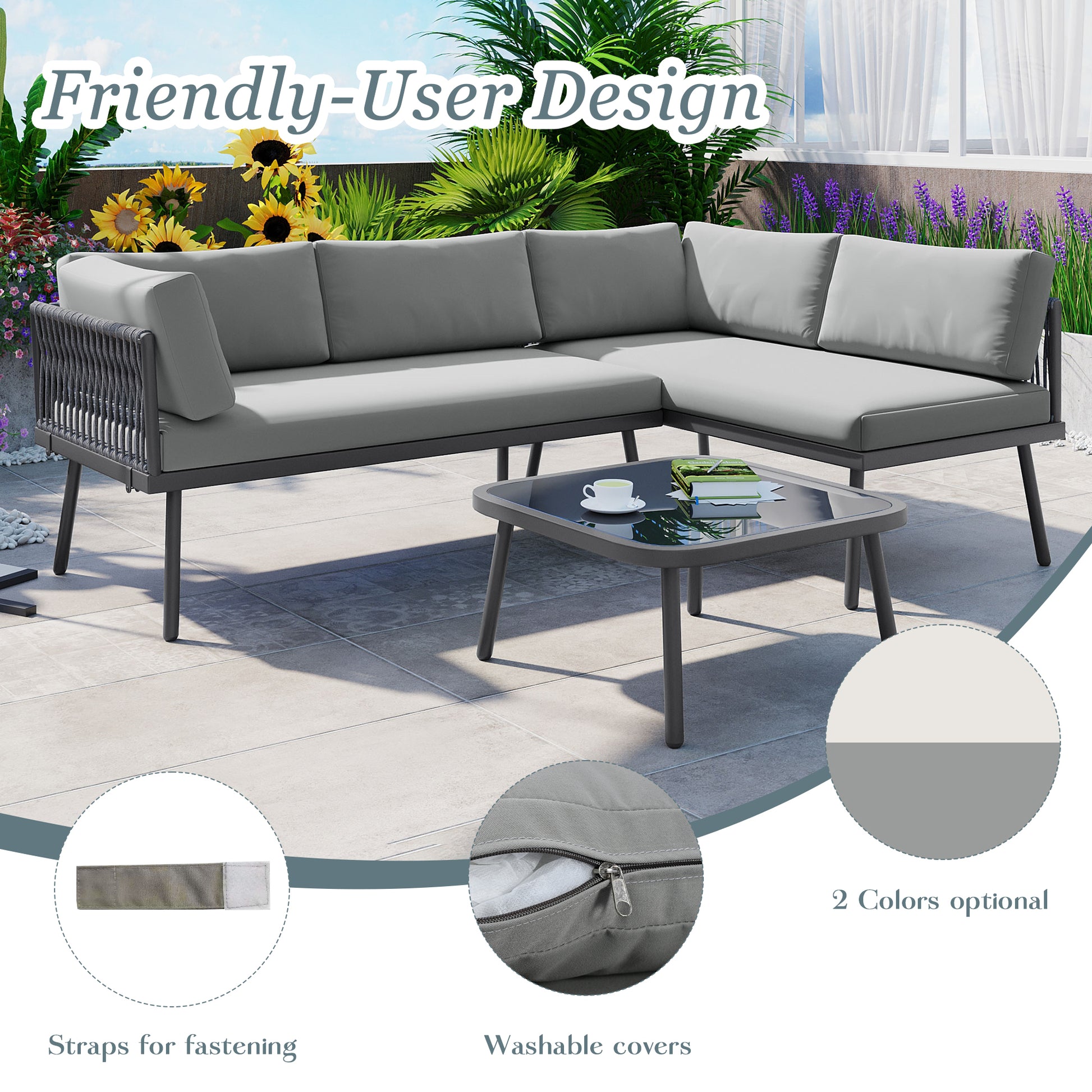 Modern Outdoor 3 Piece Pe Rattan Sofa Set All Weather Patio Metal Sectional Furniture Set With Cushions And Glass Table For Backyard, Poolside, Garden, Gray,L Shaped Yes Sectional Gray Seats 4 Weather Resistant Frame Water Resistant Cushion Garden &