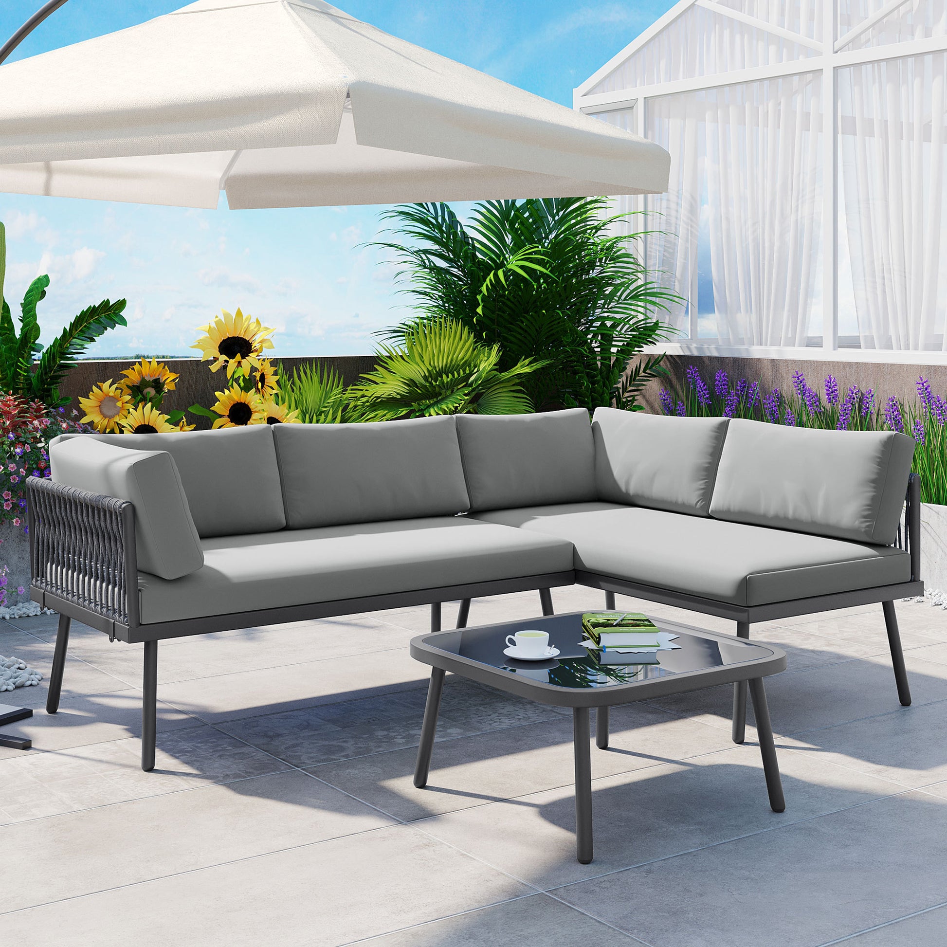 Modern Outdoor 3 Piece Pe Rattan Sofa Set All Weather Patio Metal Sectional Furniture Set With Cushions And Glass Table For Backyard, Poolside, Garden, Gray,L Shaped Yes Sectional Gray Seats 4 Weather Resistant Frame Water Resistant Cushion Garden &