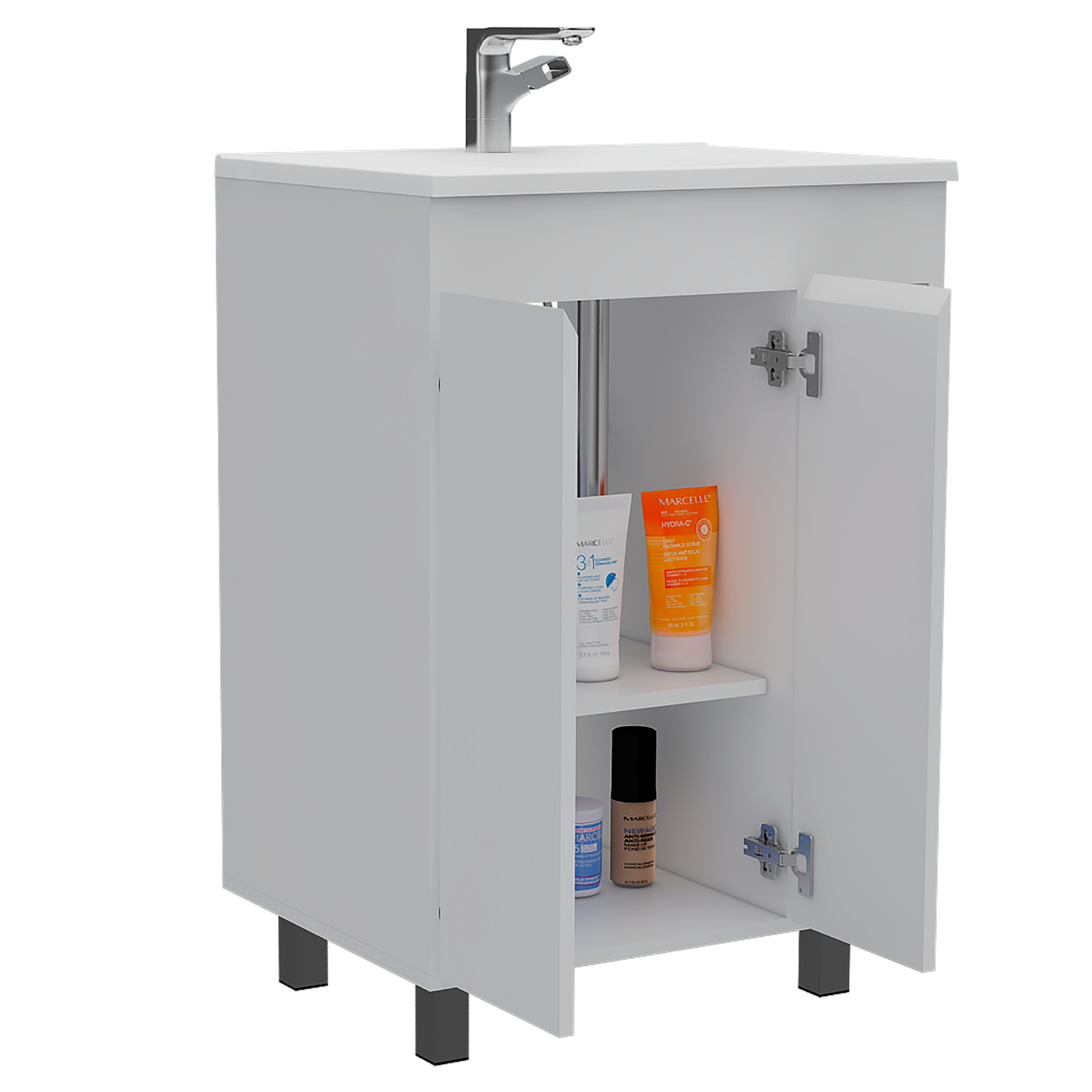 24" Meka Vanity, Two External Shelves, Double Door Cabinet White Hinged White Shelf White Bathroom Modern 2 Or Less Particle Board Particle Board
