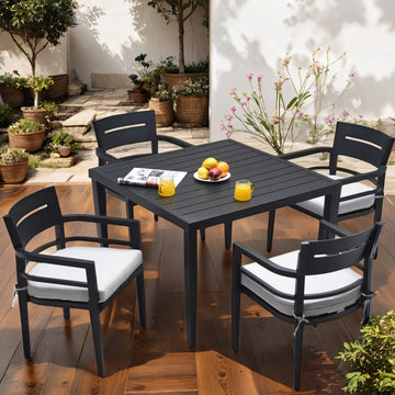 5 Piece Outdoor Patio Aluminum Furniture, Modern Dining Set, Including 4 Dining Chairs Sunbrella Fabric Cushioned And 40" Square Dining Table With Umbrella Hole, Ember Black Yes Dining Set Ember Black Seats 4 Rust Resistant Frame Fade Resistant Cushion