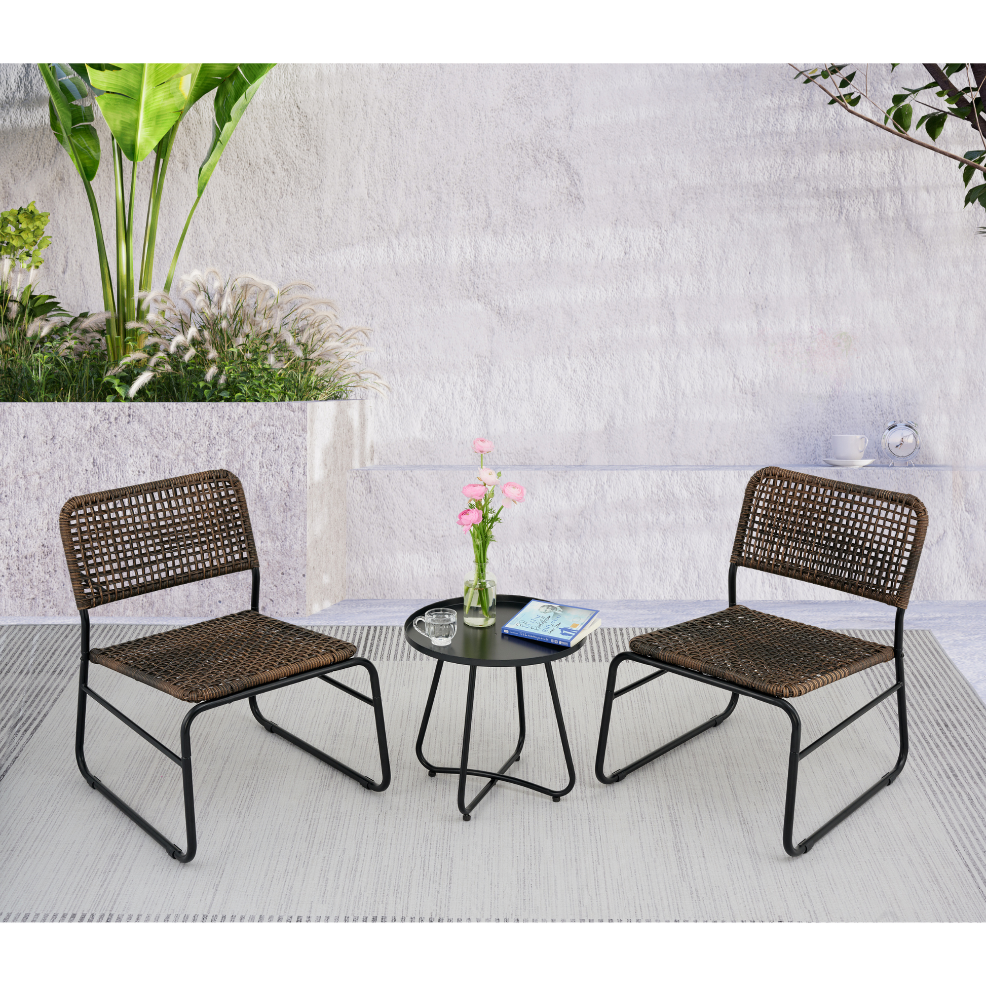 Patio Furniture Set 3 Piece Mixture Pattern Pe Rattan Steel Frame And Modern Round Table, Brown And Black No Sectional Black Brown Seats 2 Rust Resistant Frame Garden & Outdoor American Design,American Traditional,Antique,Vintage 2 Person Seating Group