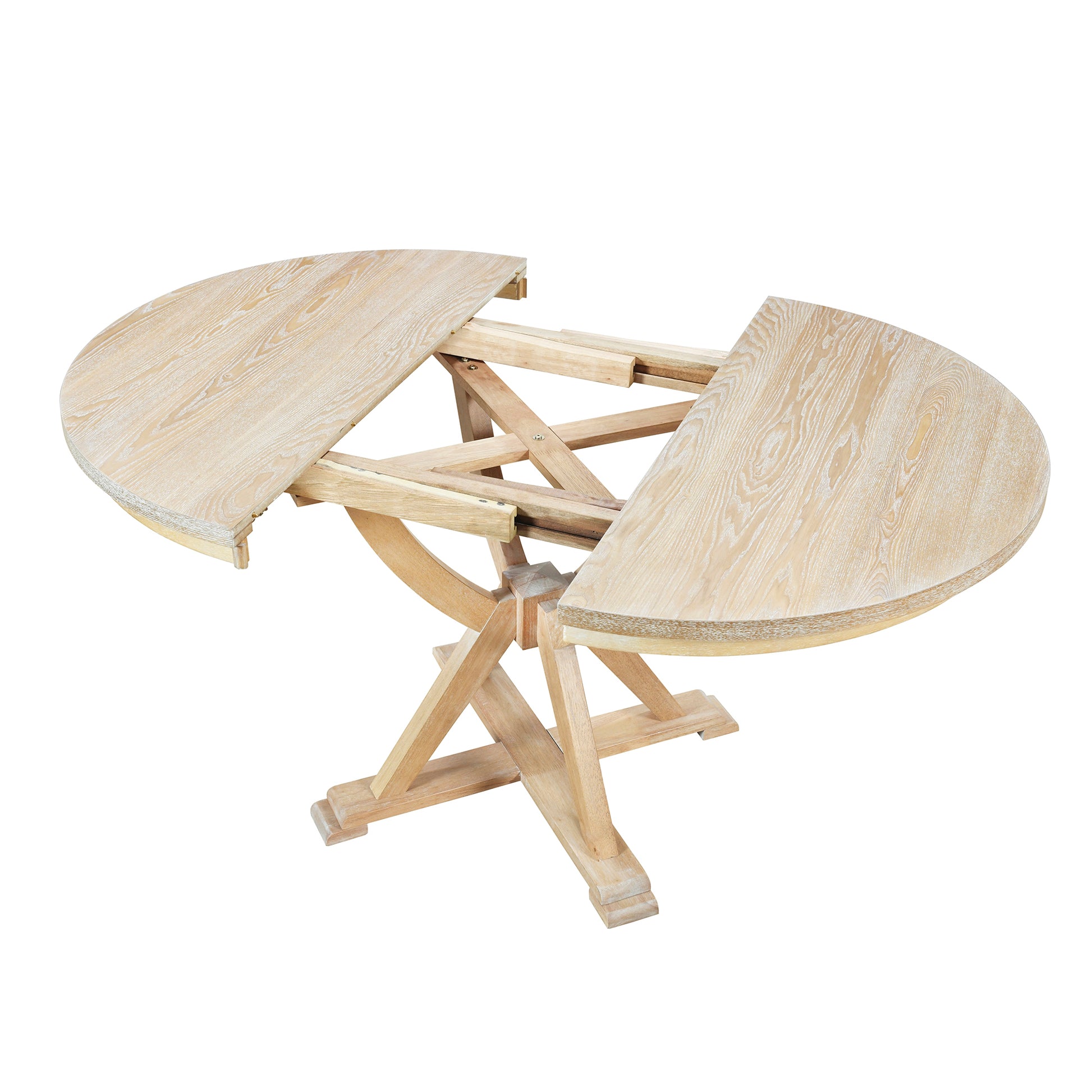 Mid Century 5 Piece Extendable Round Dining Table Set With 15.7" Removable Leaf And 4 Cross Back Dining Chairs, Natural Wood Dining Room Extendable Rubberwood Oval Dining Table With Chair Wood Wood Natural Seats 4 Removable Leaf Mid Century Modern Oval