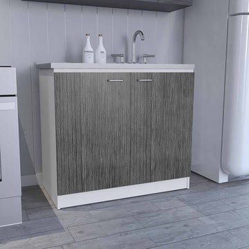 Napoles Utility Sink With Cabinet, One Shelf, Double Door Cabinet White Smokey Oak 1 2 Spaces Multicolor Kitchen Shelves Included Modern Particle Board Particle Board