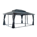 12' X 16' Hardtop Wood Gazebo For Patios, Outdoor Framed Gazebo With Polycarbonate Double Roof Canopy, Solid Wooden Framed Gazebo With Privacy Curtains And Mosquito Nettings For Garden, Backyard Black Aluminium
