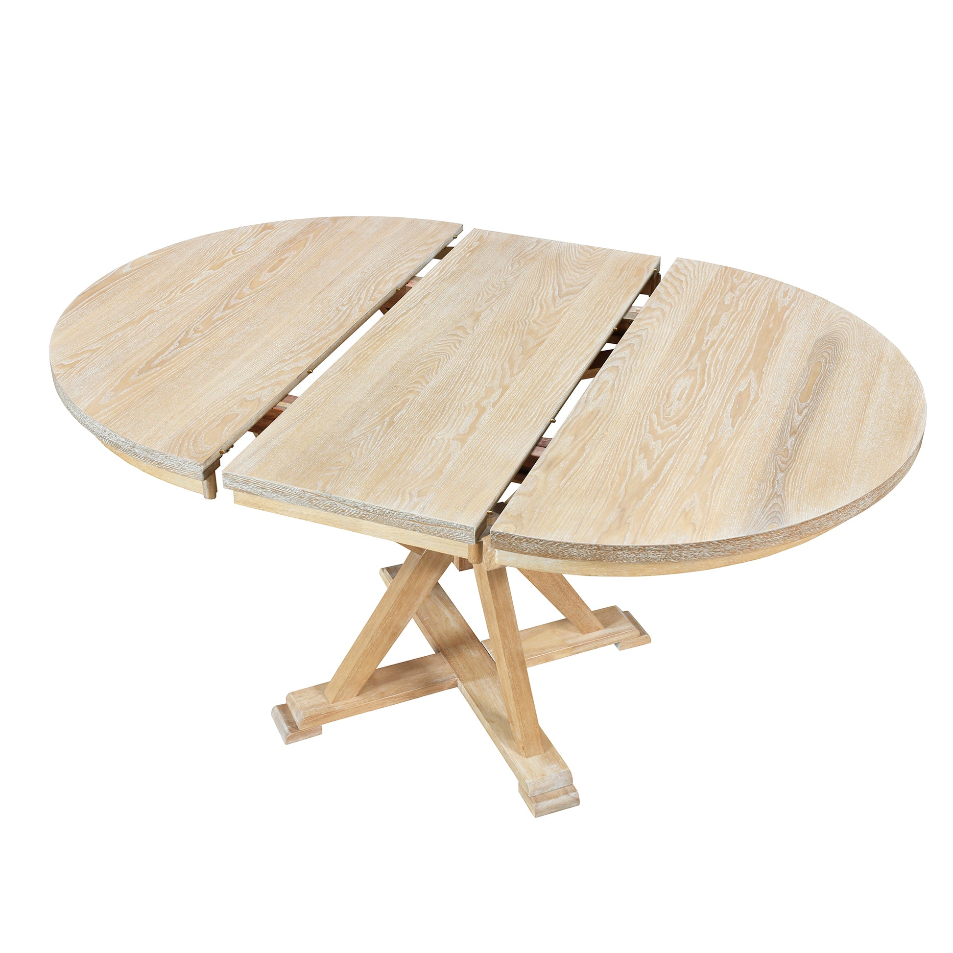 Mid Century 5 Piece Extendable Round Dining Table Set With 15.7" Removable Leaf And 4 Cross Back Dining Chairs, Natural Wood Dining Room Extendable Rubberwood Oval Dining Table With Chair Wood Wood Natural Seats 4 Removable Leaf Mid Century Modern Oval