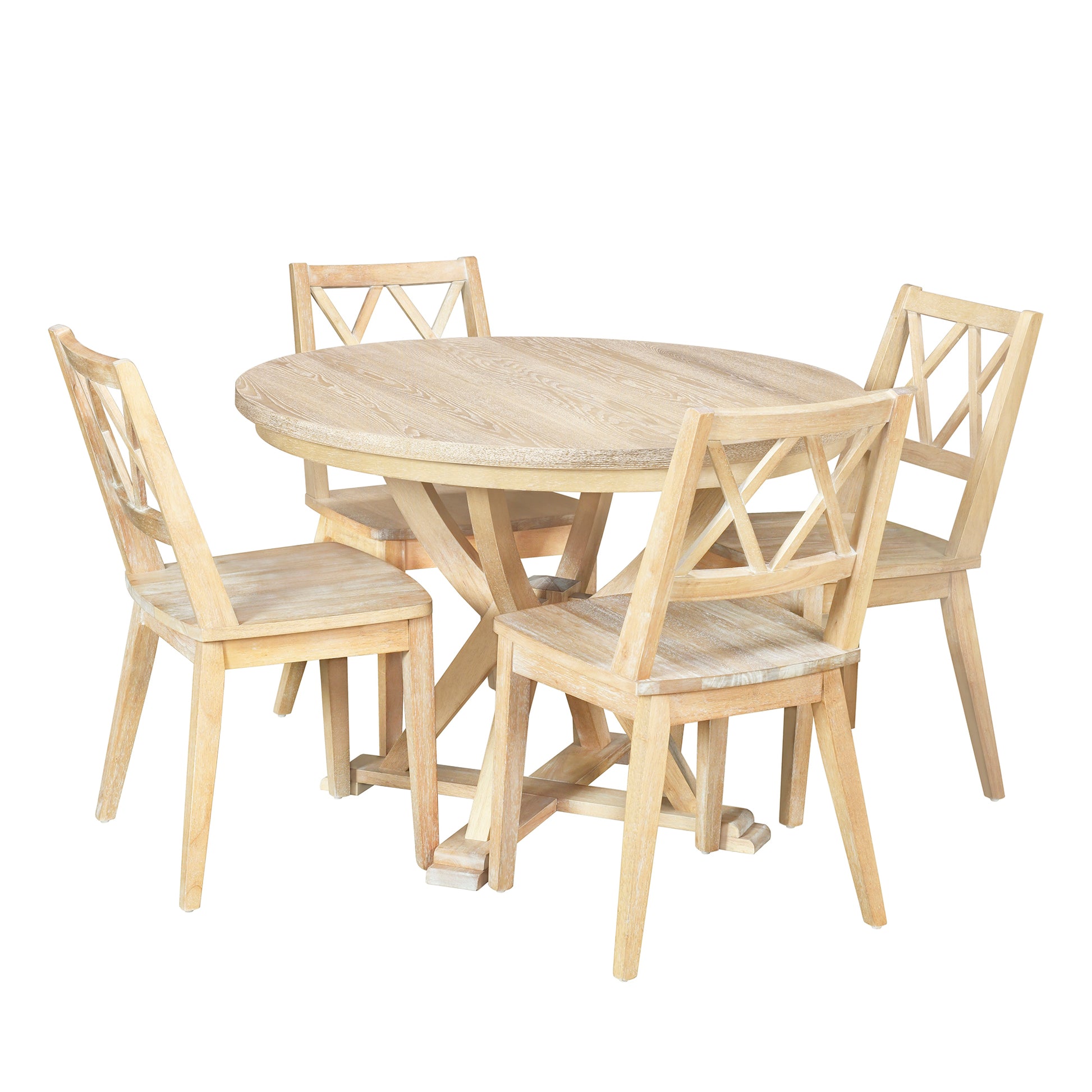 Mid Century 5 Piece Extendable Round Dining Table Set With 15.7" Removable Leaf And 4 Cross Back Dining Chairs, Natural Wood Dining Room Extendable Rubberwood Oval Dining Table With Chair Wood Wood Natural Seats 4 Removable Leaf Mid Century Modern Oval