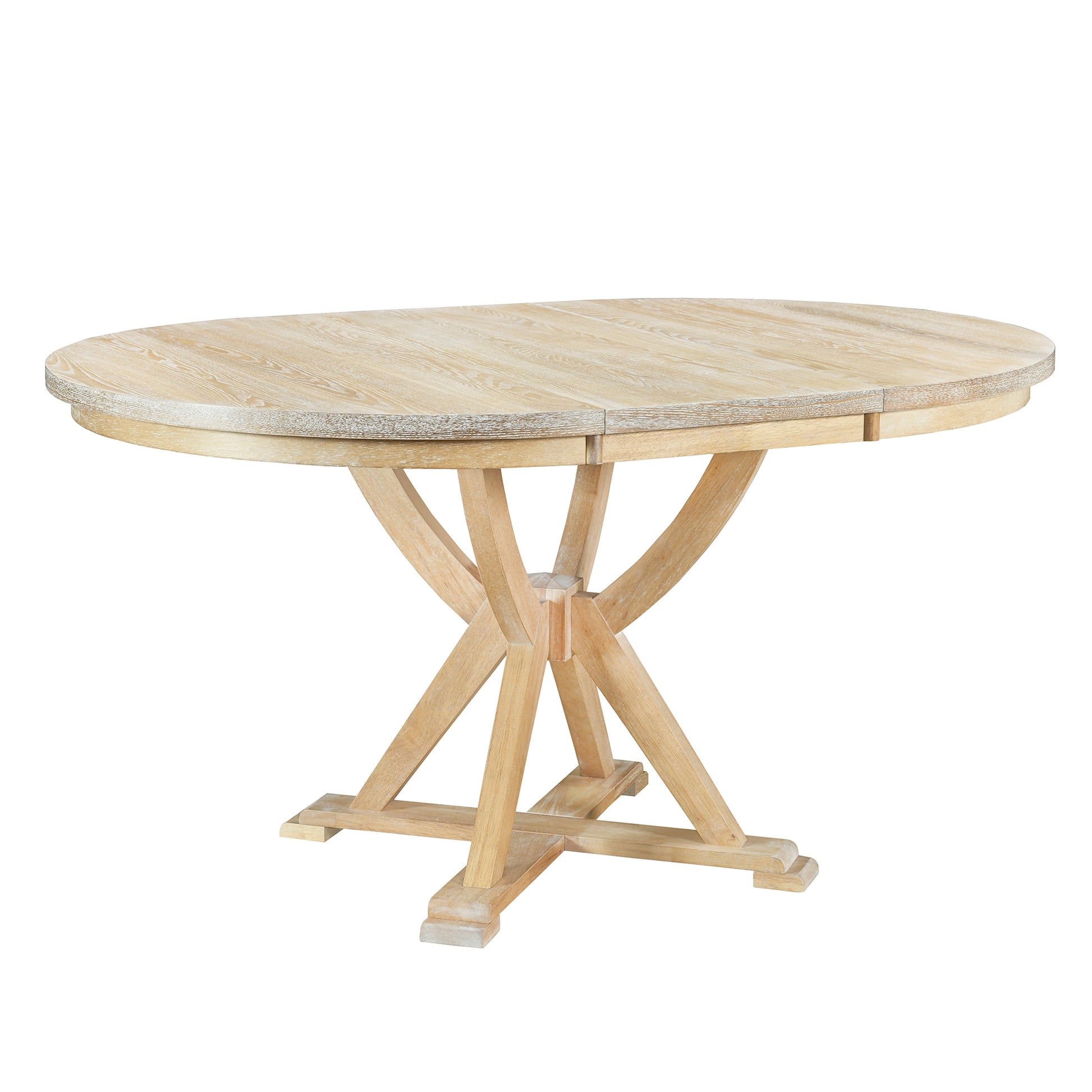 Mid Century 5 Piece Extendable Round Dining Table Set With 15.7" Removable Leaf And 4 Cross Back Dining Chairs, Natural Wood Dining Room Extendable Rubberwood Oval Dining Table With Chair Wood Wood Natural Seats 4 Removable Leaf Mid Century Modern Oval