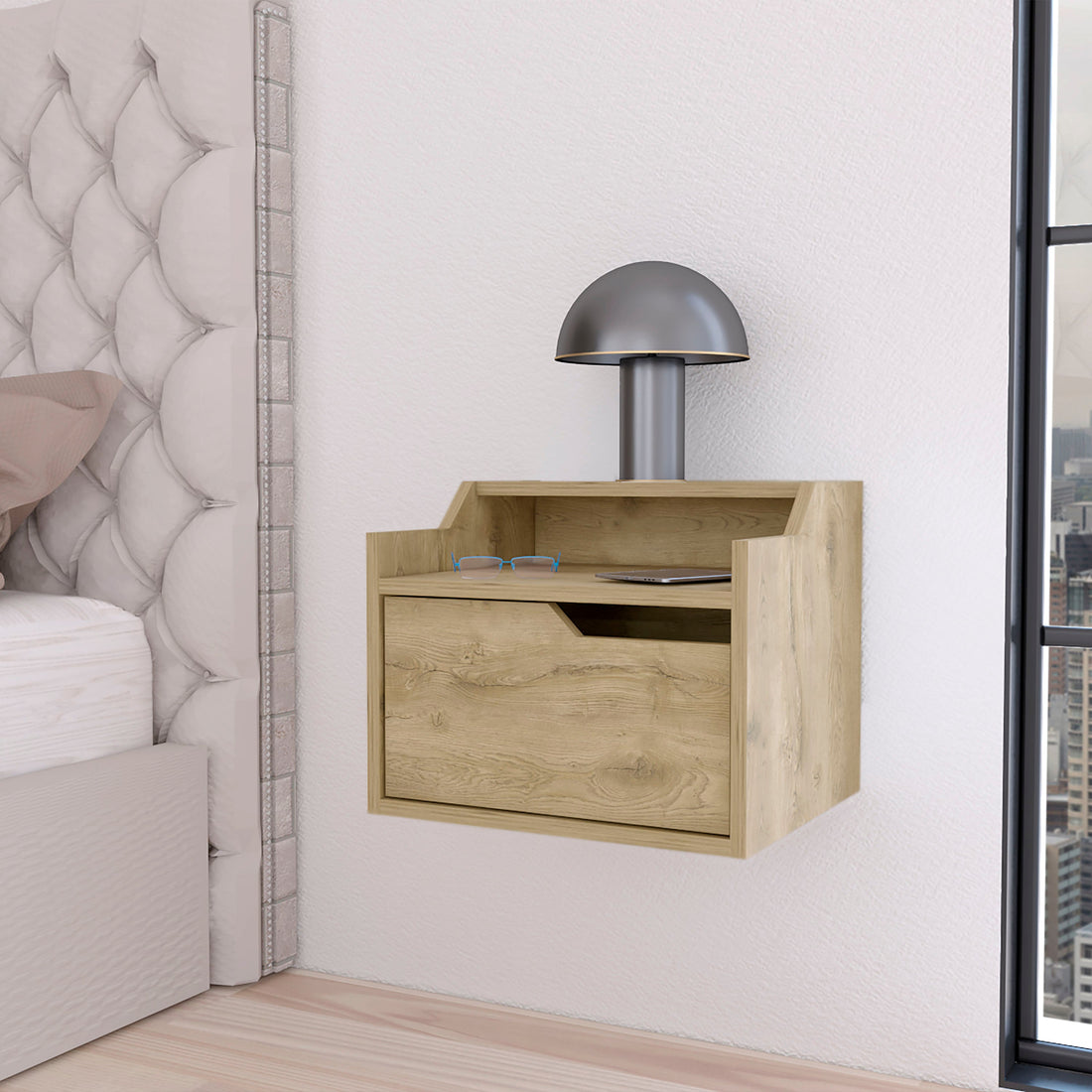 Macadamia Dual Shelf Display Nightstand Natural 1 Drawer Bedroom Floating Easy Assembly Wood