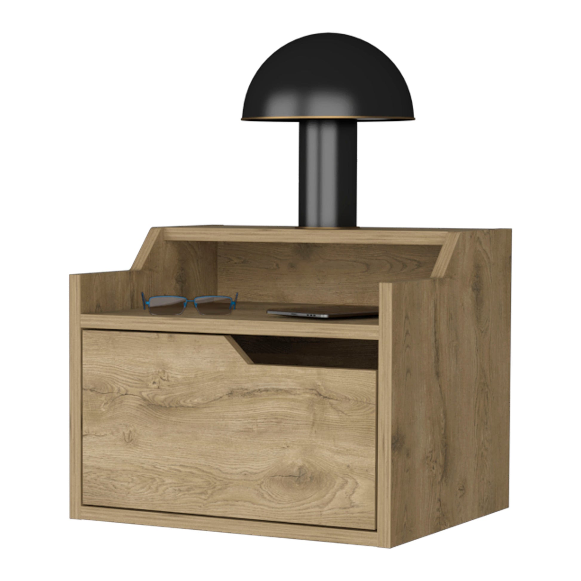 Macadamia Dual Shelf Display Nightstand Natural 1 Drawer Bedroom Floating Easy Assembly Wood