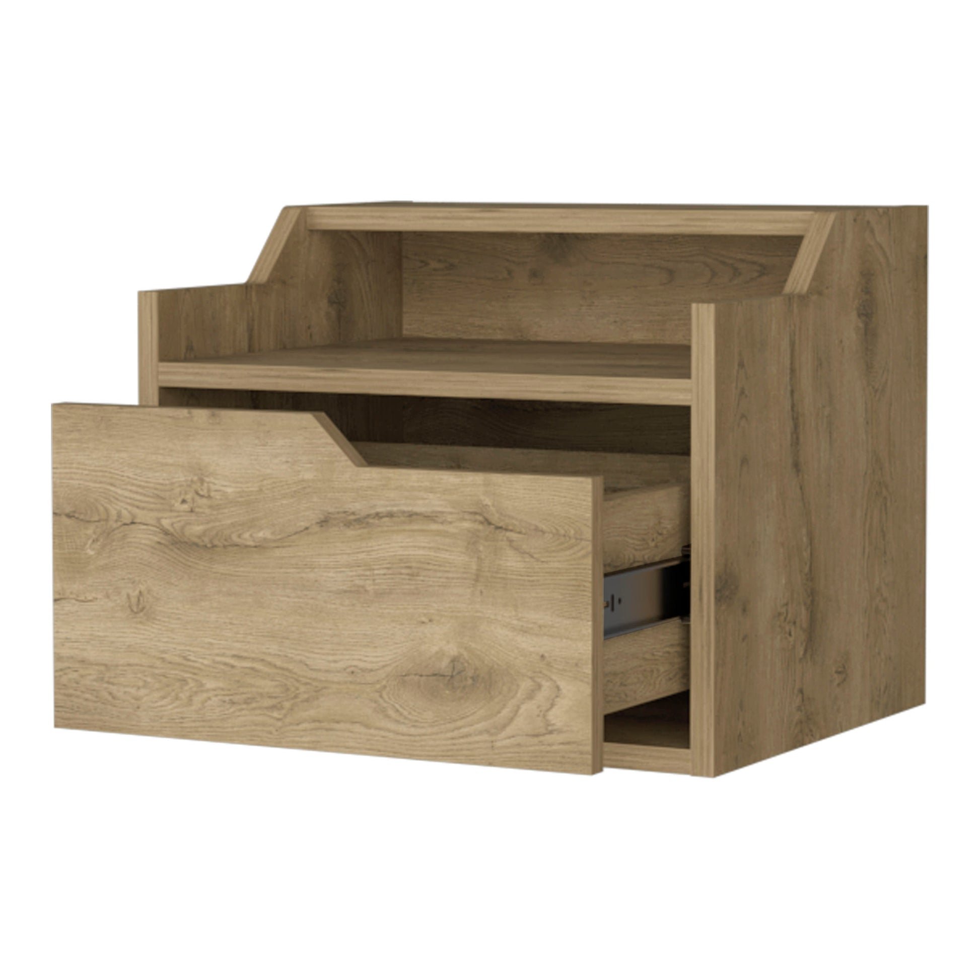 Macadamia Dual Shelf Display Nightstand Natural 1 Drawer Bedroom Floating Easy Assembly Wood