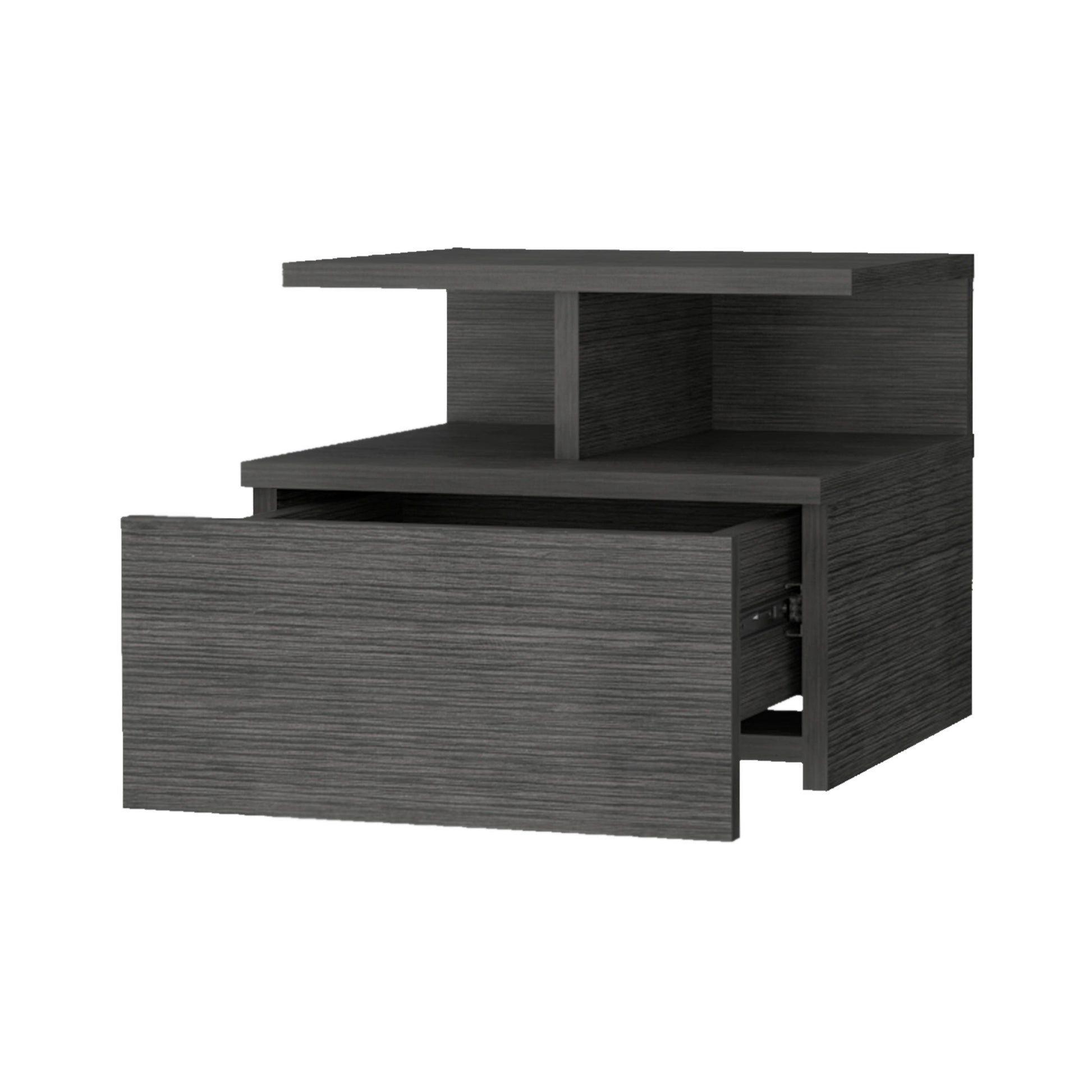 Smokey Oak 2 Tier Shelf Floating Nightstand Gray 1 Drawer Bedroom Floating Shelf Wood