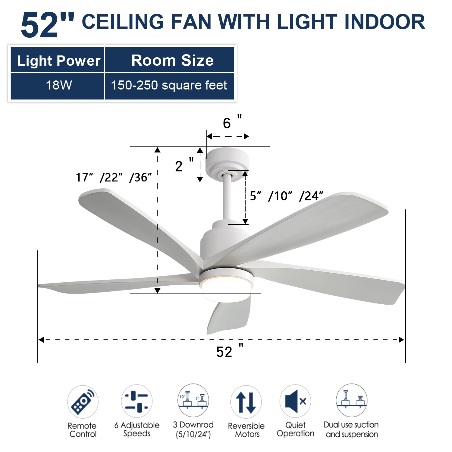 52 Inch Modern With Dimmable Led Light 5 Solid Wood Blades Remote Control Reversible Dc Motor With Smart App Control White Metal & Wood