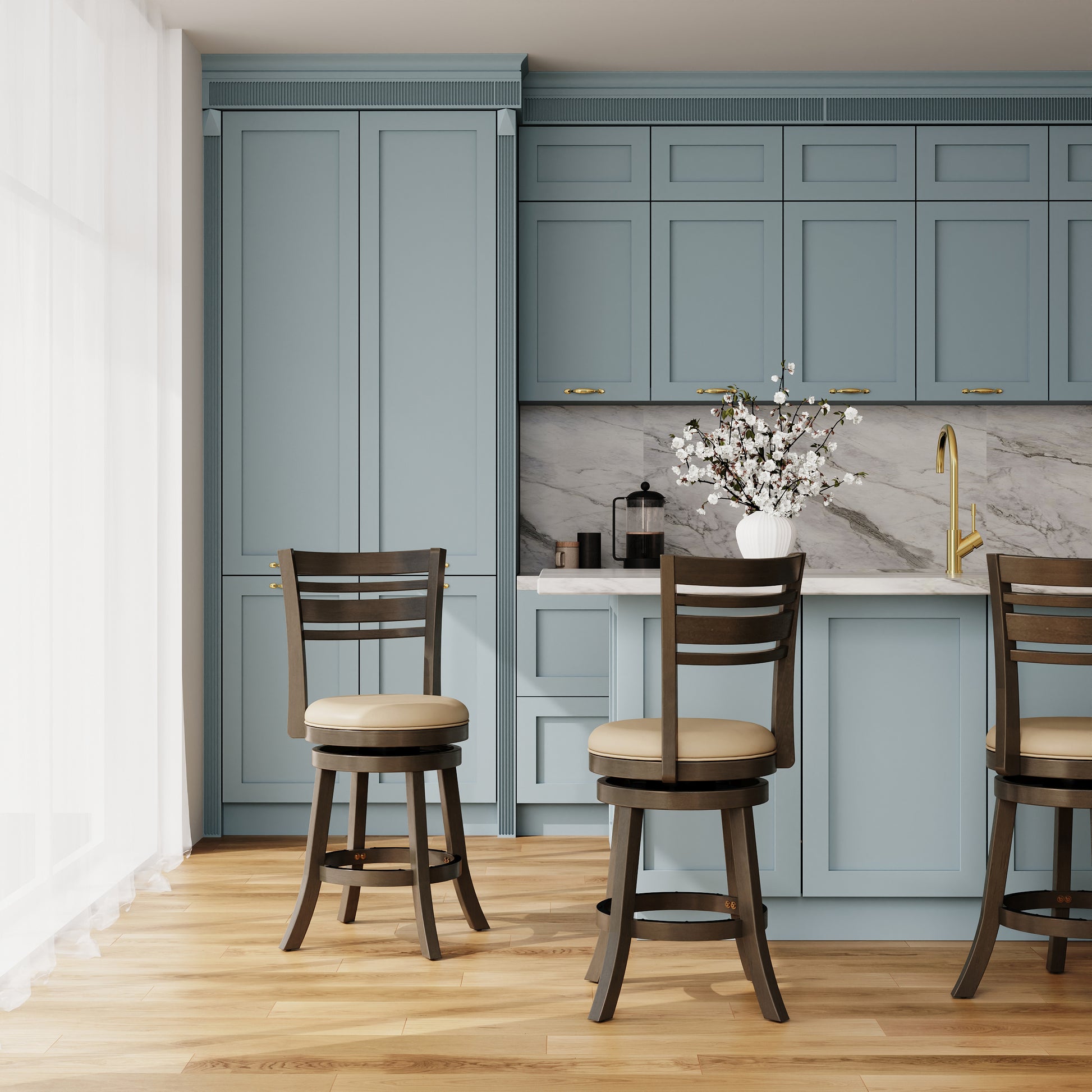 24" Counter Height Slat Back Swivel Stool, Weathered Gray Finish, French Gray Leather Seat Gray Bonded Leather