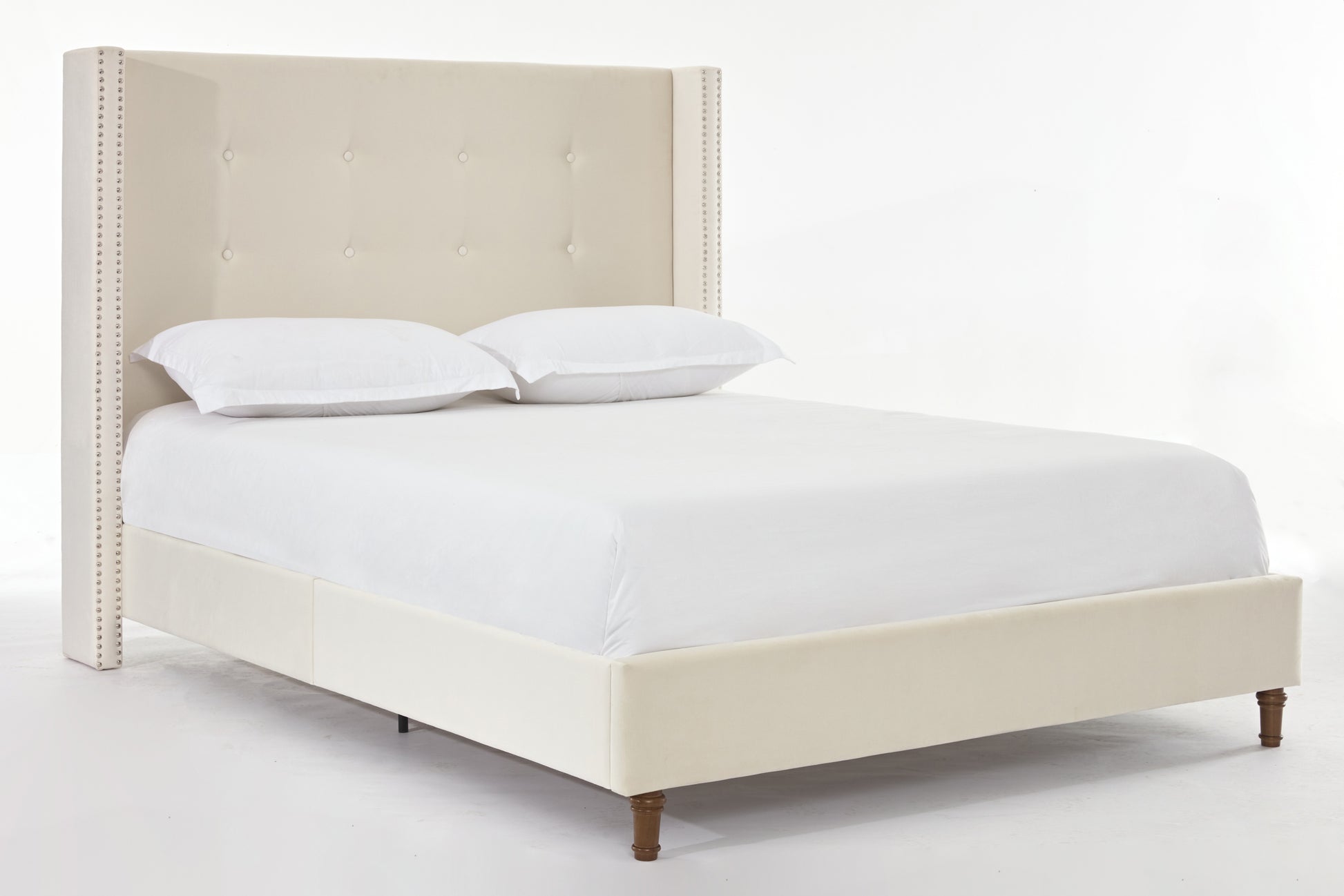 Peyton Upholstered King Bed 54" High Headboard Traditional Hand Buttoned Tufting Trim Wingback No Box Spring Needed Easy Assembly Ivory Velvet Box Spring Not Required King Ivory Brown Metal Bedroom Classic,European,Modern,Traditional Oak Bed Frame Foam