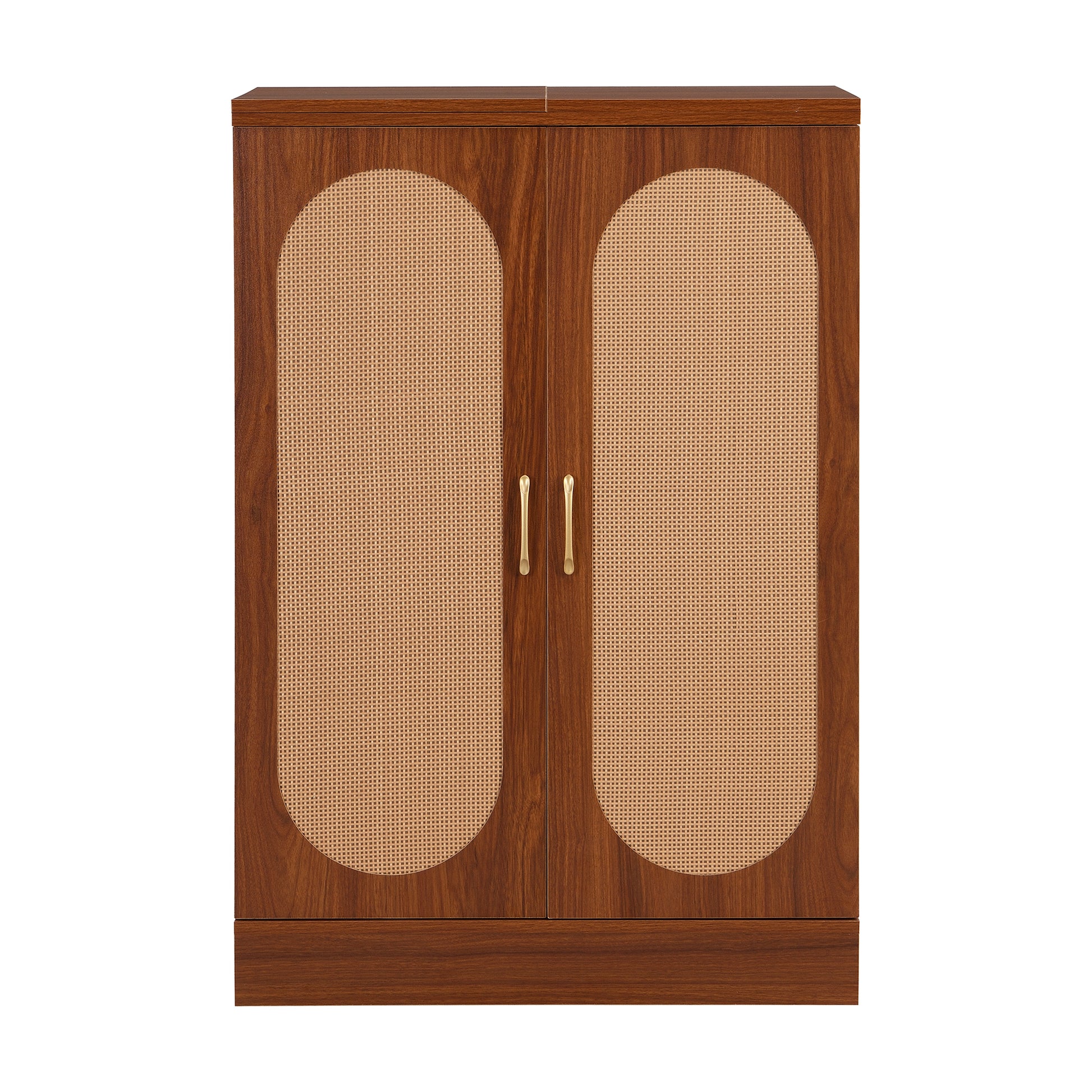 41.9" Home Bar Cabinet, Industrial Walnut Rattan Door Fold Out Bar Cabinet With Storage Bar Table Walnut Dining Room Modern Mdf