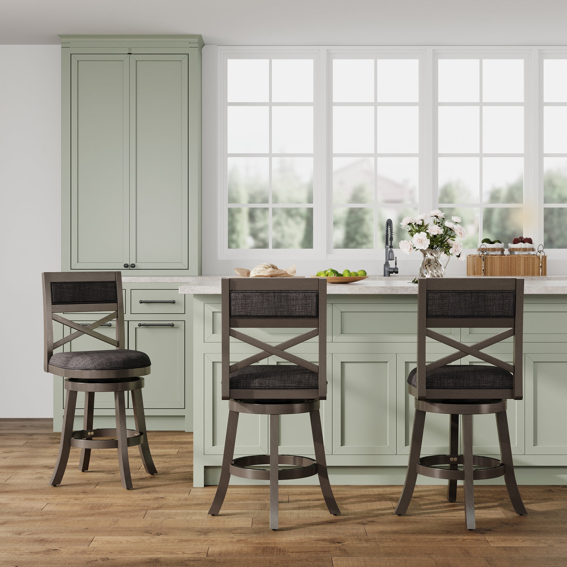 24" Counter Height X Back Swivel Stool, Weathered Gray Finish, Charcoal Fabric Seat Gray Fabric