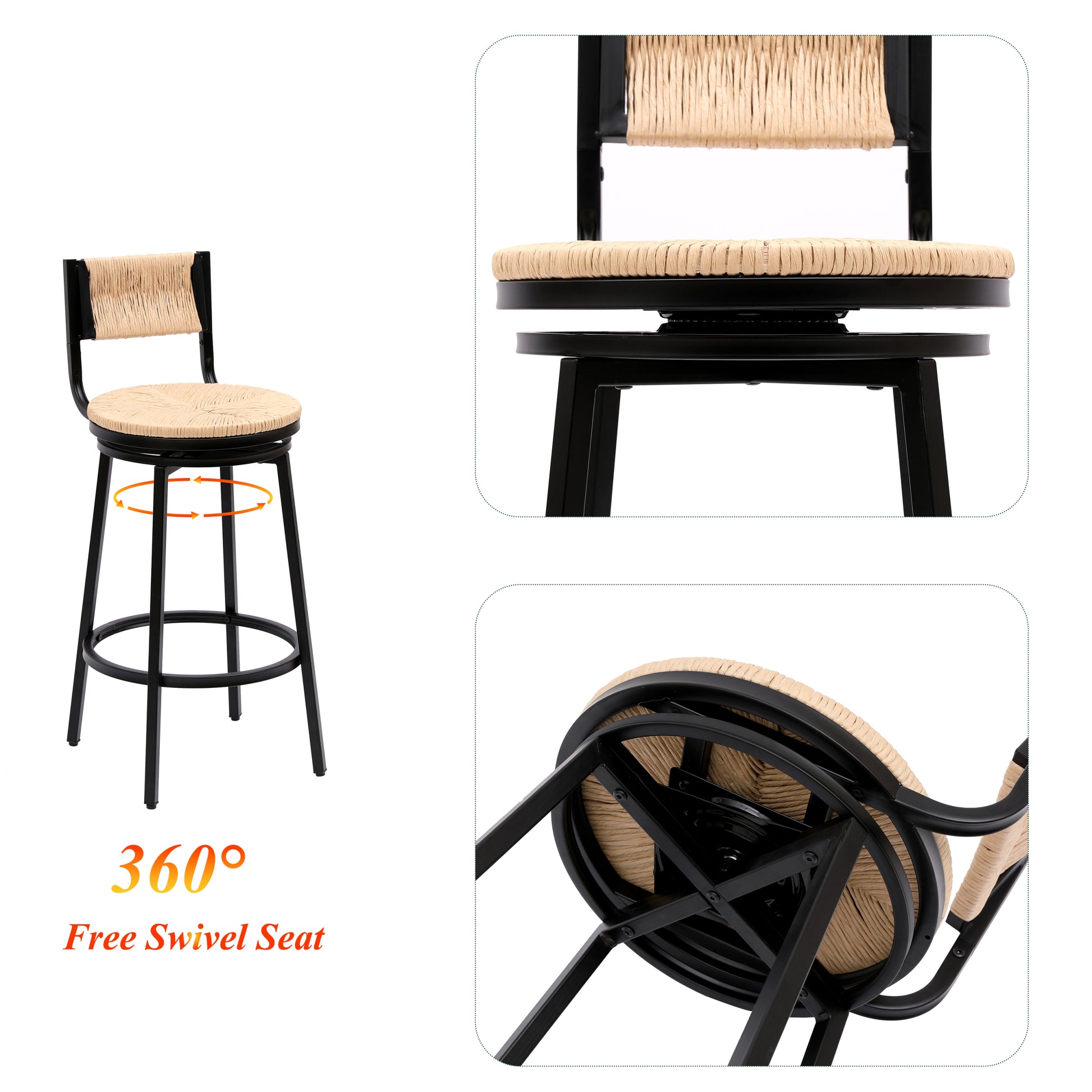 Honey Swivel Bar Stools Paper Rope Handwoven Barstools With Back Set Of 2 Rustic Round Counter Chairs For Dining Room, Kitchen Island Honey Metal Honey Dining Room Powder Coated Round Dry Clean Farmhouse Bar Stools Set Of 2 Paper Rope