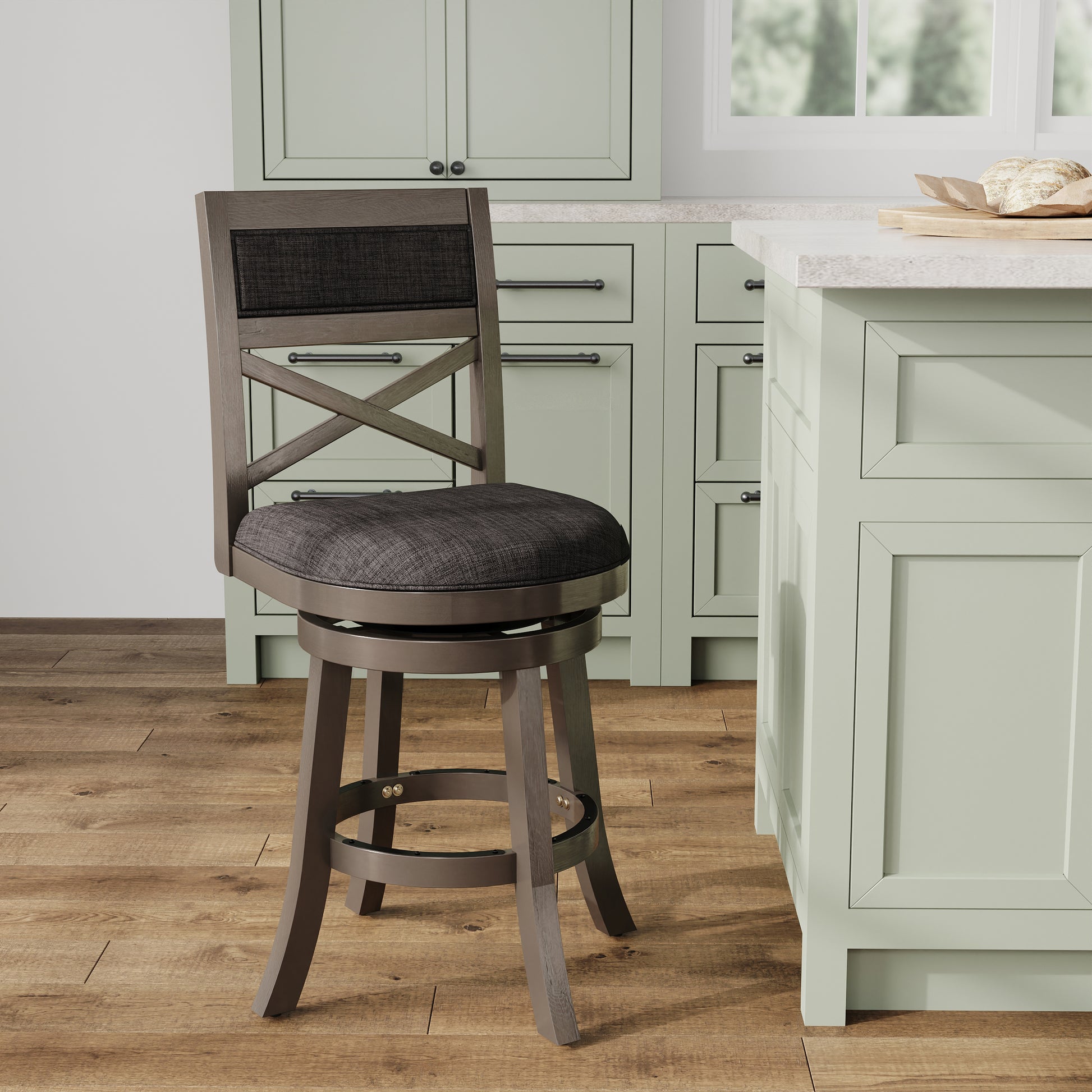24" Counter Height X Back Swivel Stool, Weathered Gray Finish, Charcoal Fabric Seat Gray Fabric